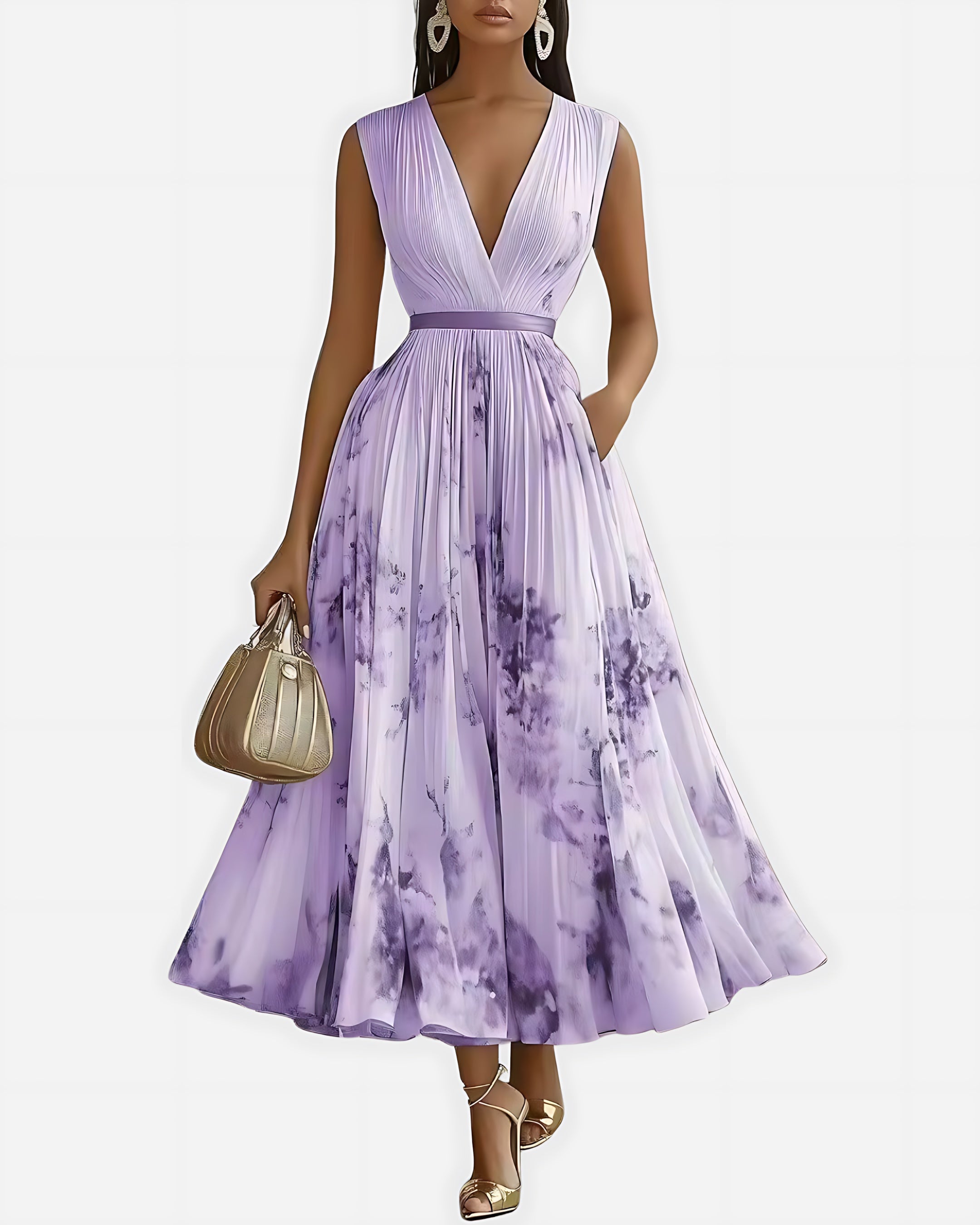 Scarlett – Abstract Print V Neck Pleated Midi Dress