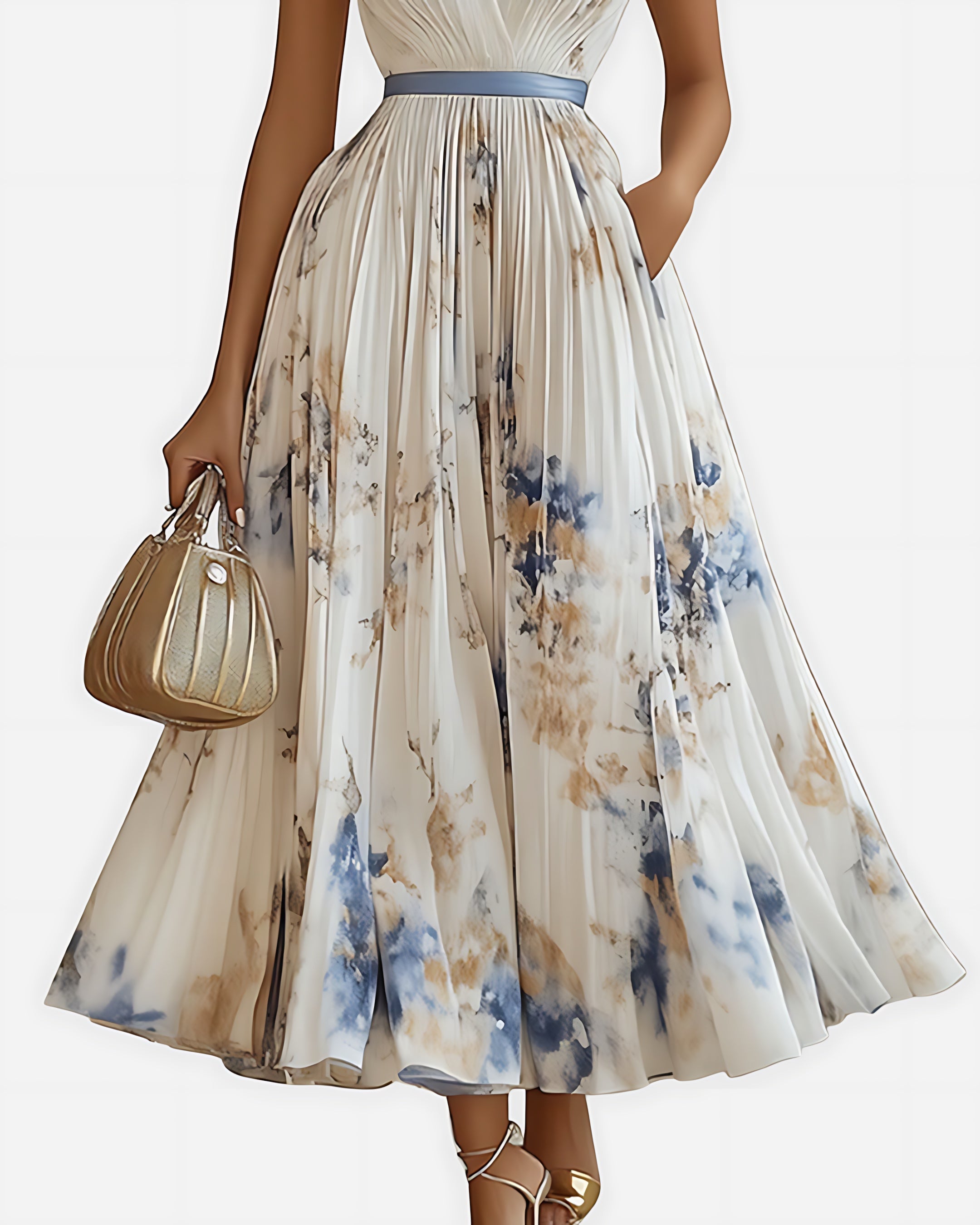 Scarlett – Abstract Print V Neck Pleated Midi Dress