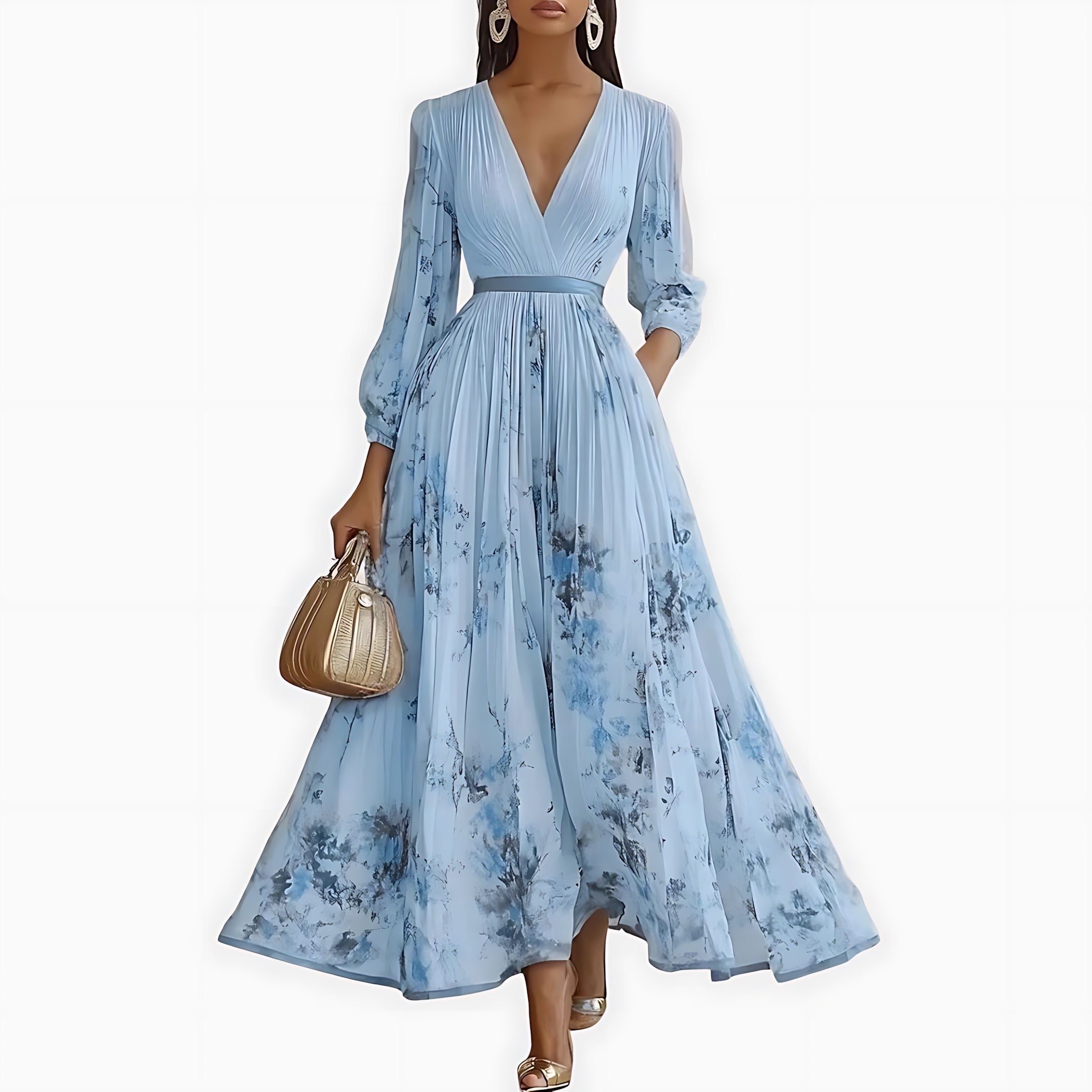 Scarlett – Abstract Print V Neck Pleated Midi Dress