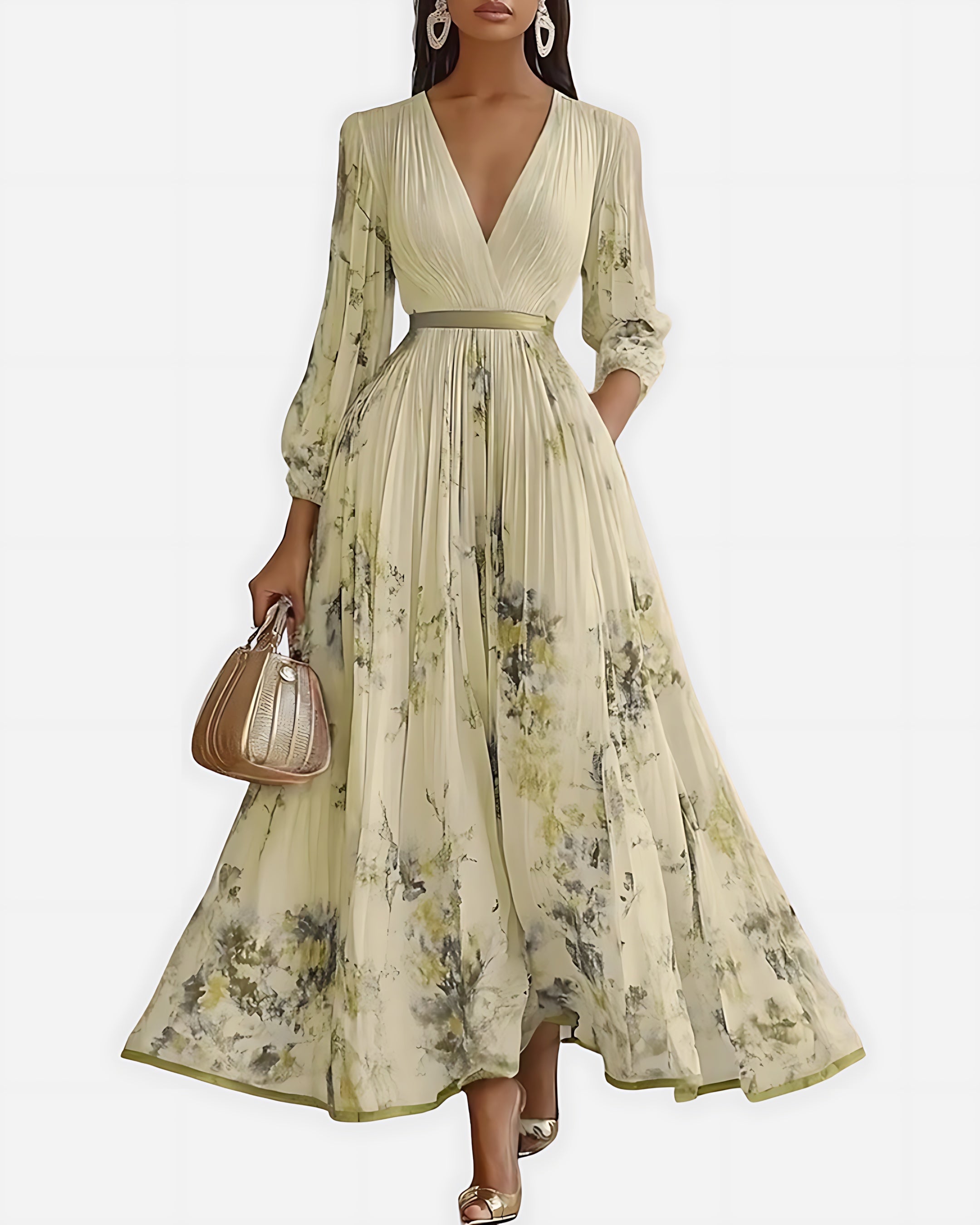 Scarlett – Abstract Print V Neck Pleated Midi Dress