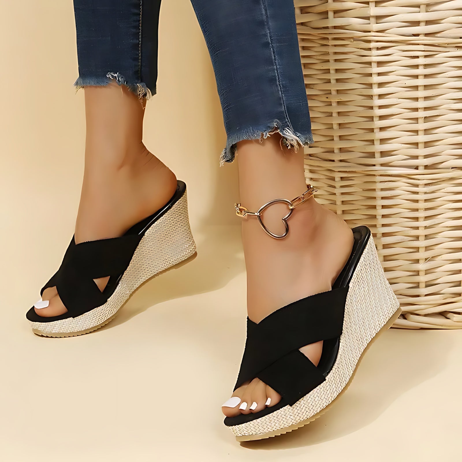 Scarlett – Criss Cross Open Toe Wedge Slide Sandals