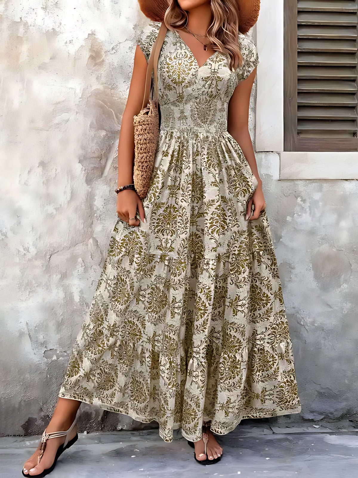 Selena – Boho Print Smocked Tiered Maxi Dress