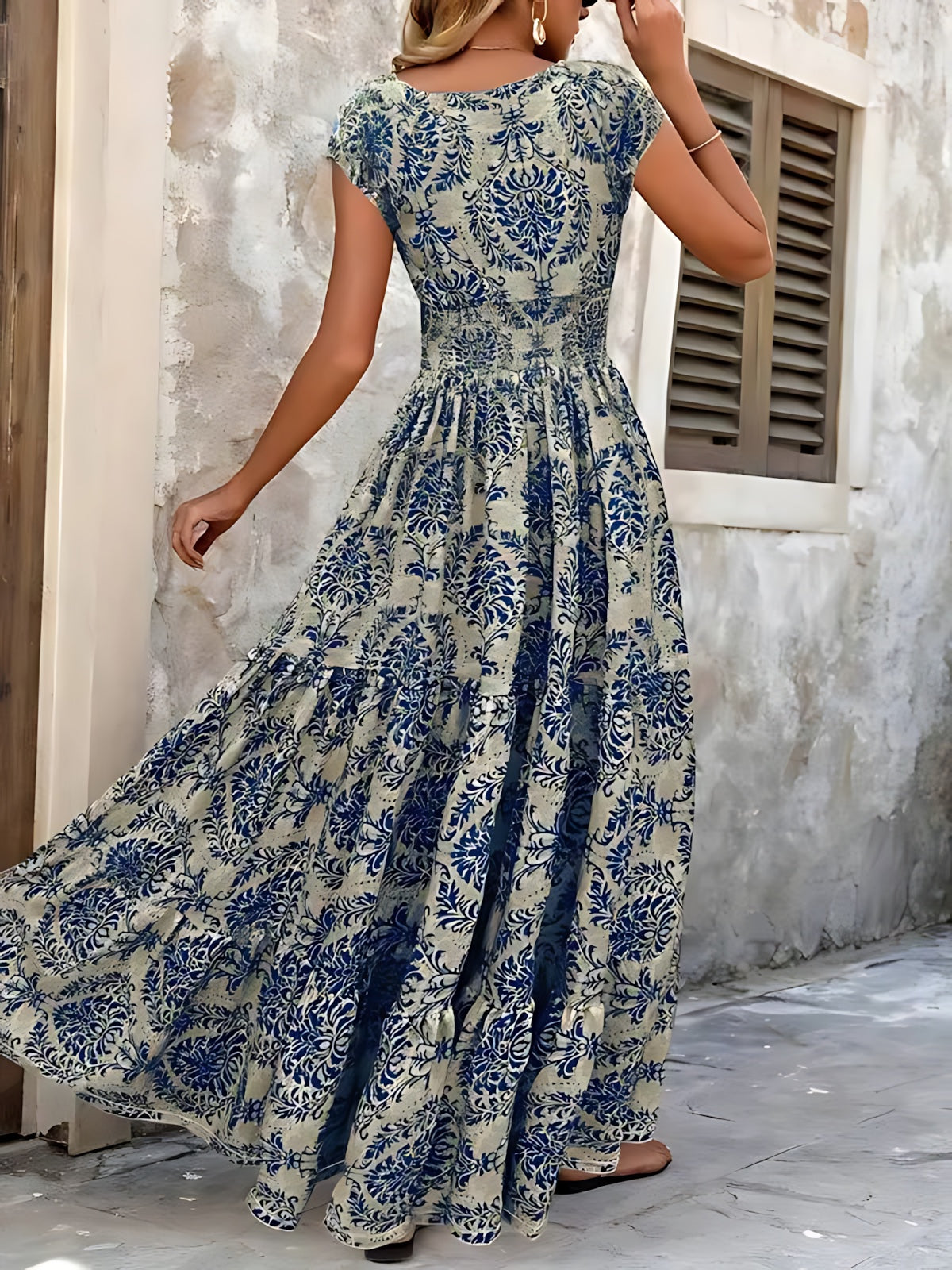 Selena – Boho Print Smocked Tiered Maxi Dress