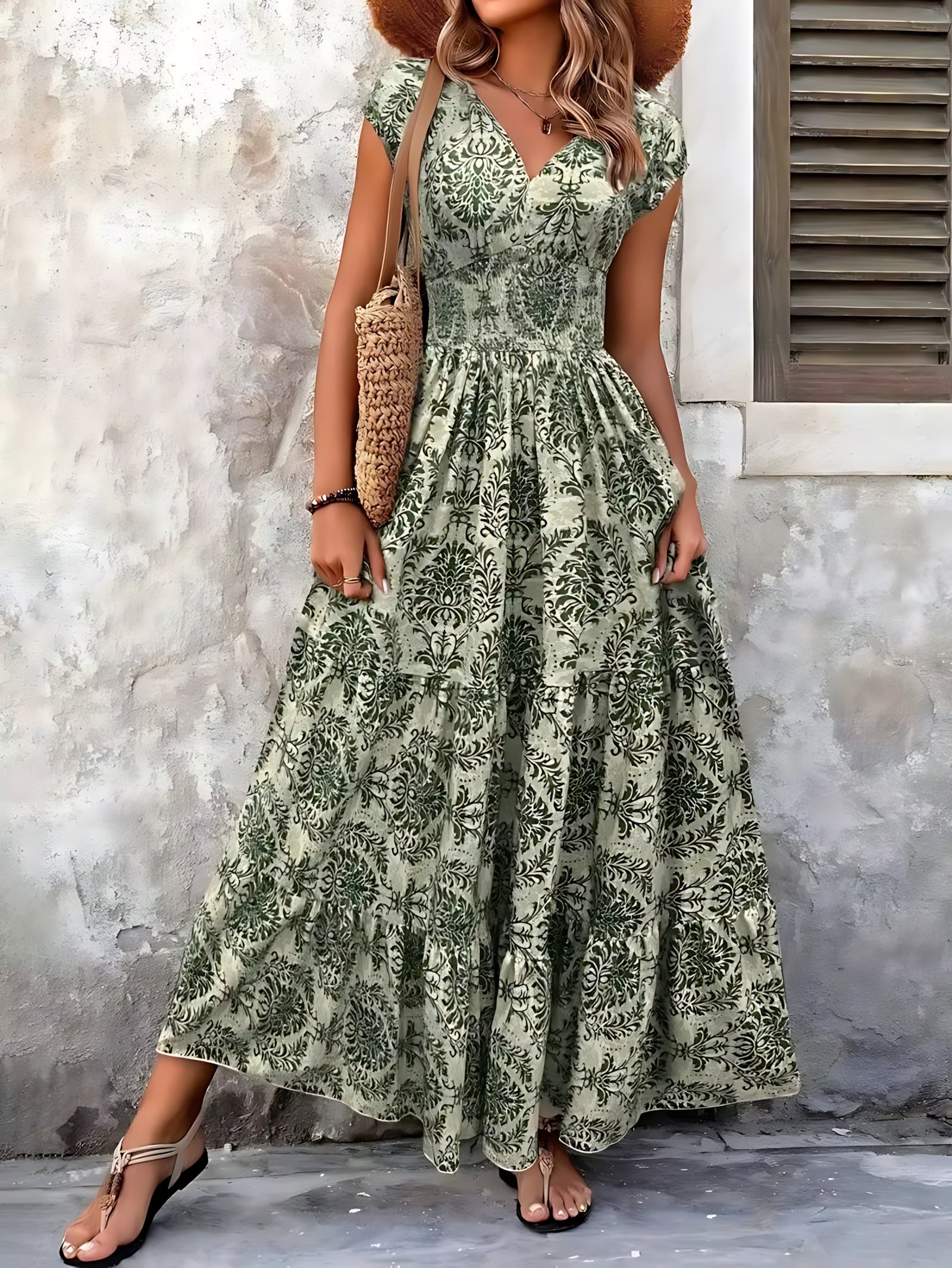 Selena – Boho Print Smocked Tiered Maxi Dress