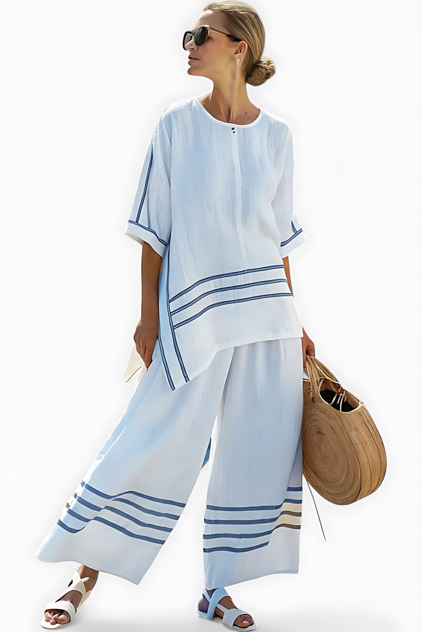 Selena – Contrast Stripe Top and Wide Leg Pants Set