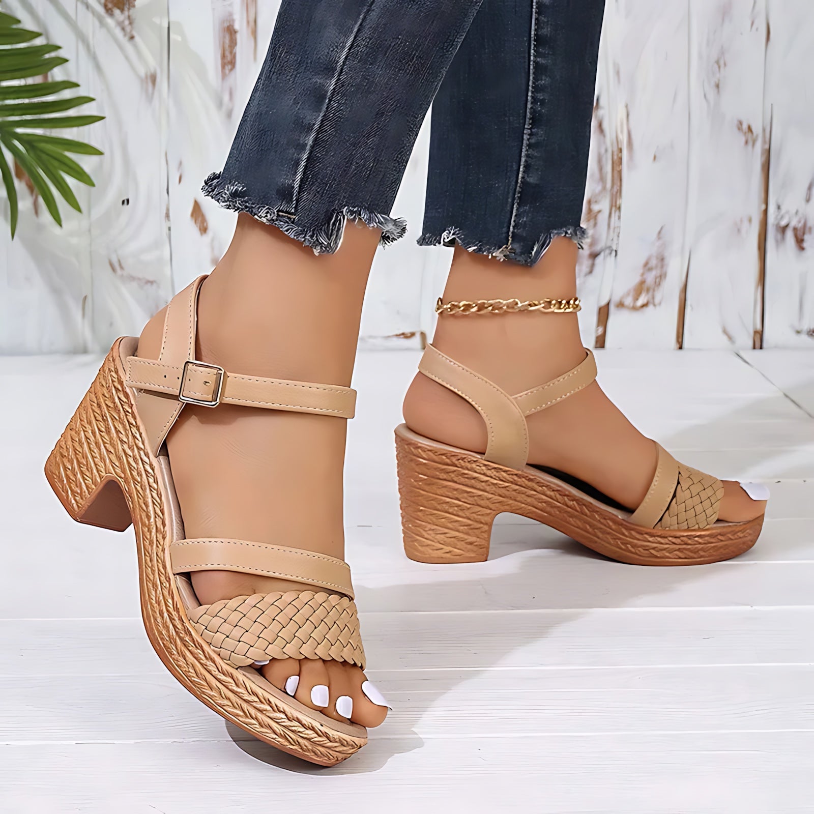 Selena – Woven Ankle Strap Block Heel Sandals