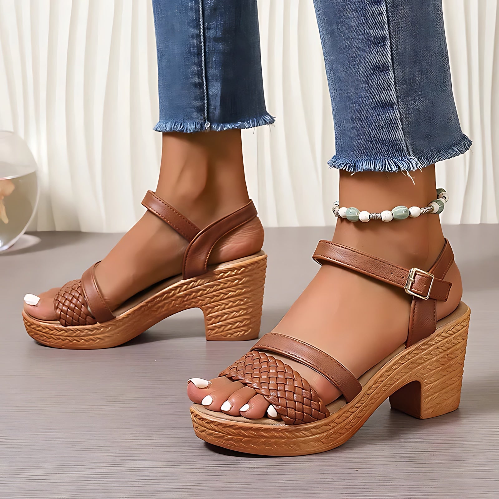 Selena – Woven Ankle Strap Block Heel Sandals