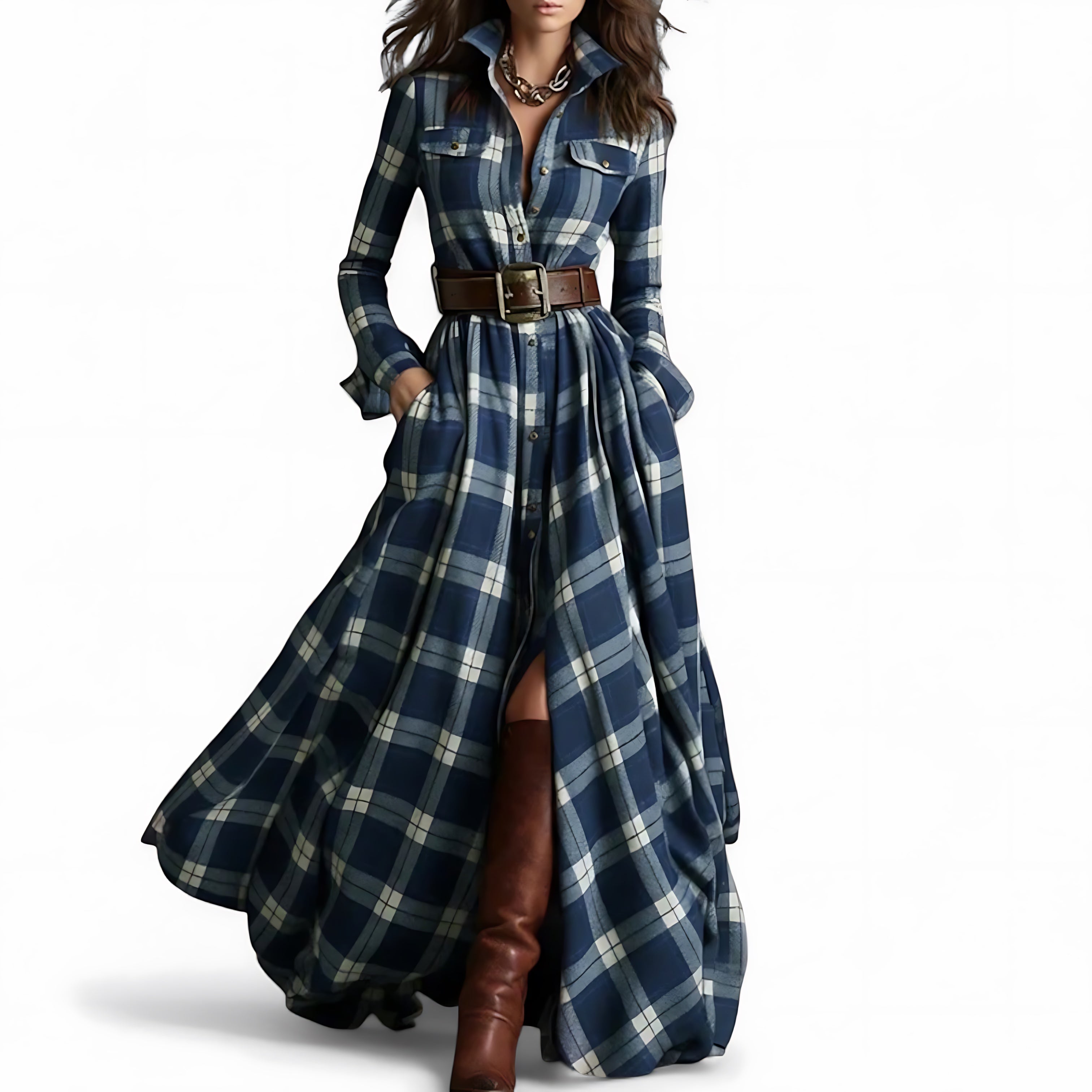 Serenity – Plaid Collared Long Sleeve Maxi Dress