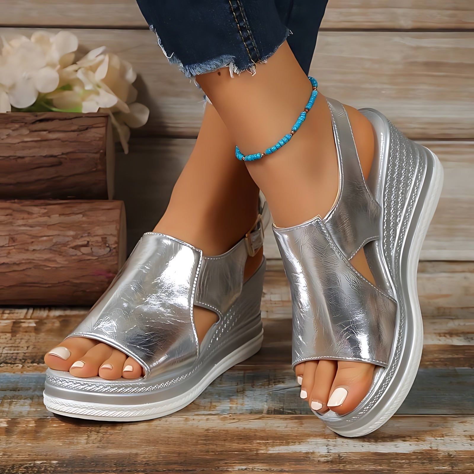 Skylar – Metallic Ankle Strap Wedge Sandals