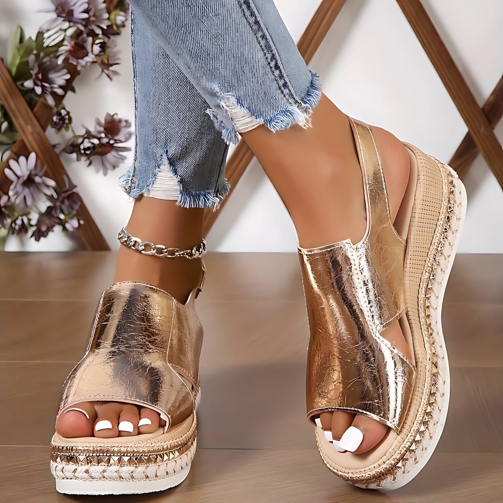 Skylar – Metallic Ankle Strap Wedge Sandals