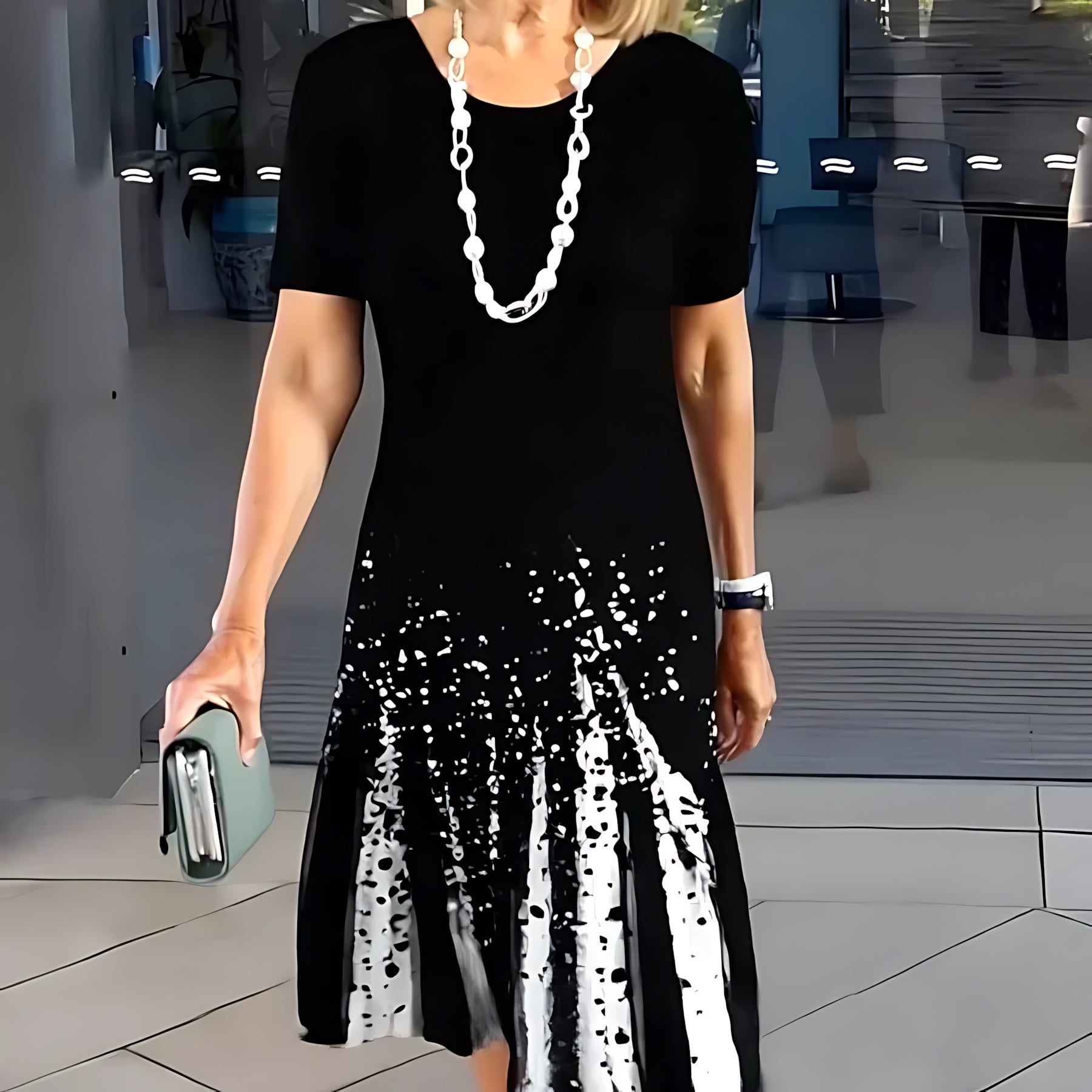 Sofia – Contrast Print Crew Neck A Line Midi Dress