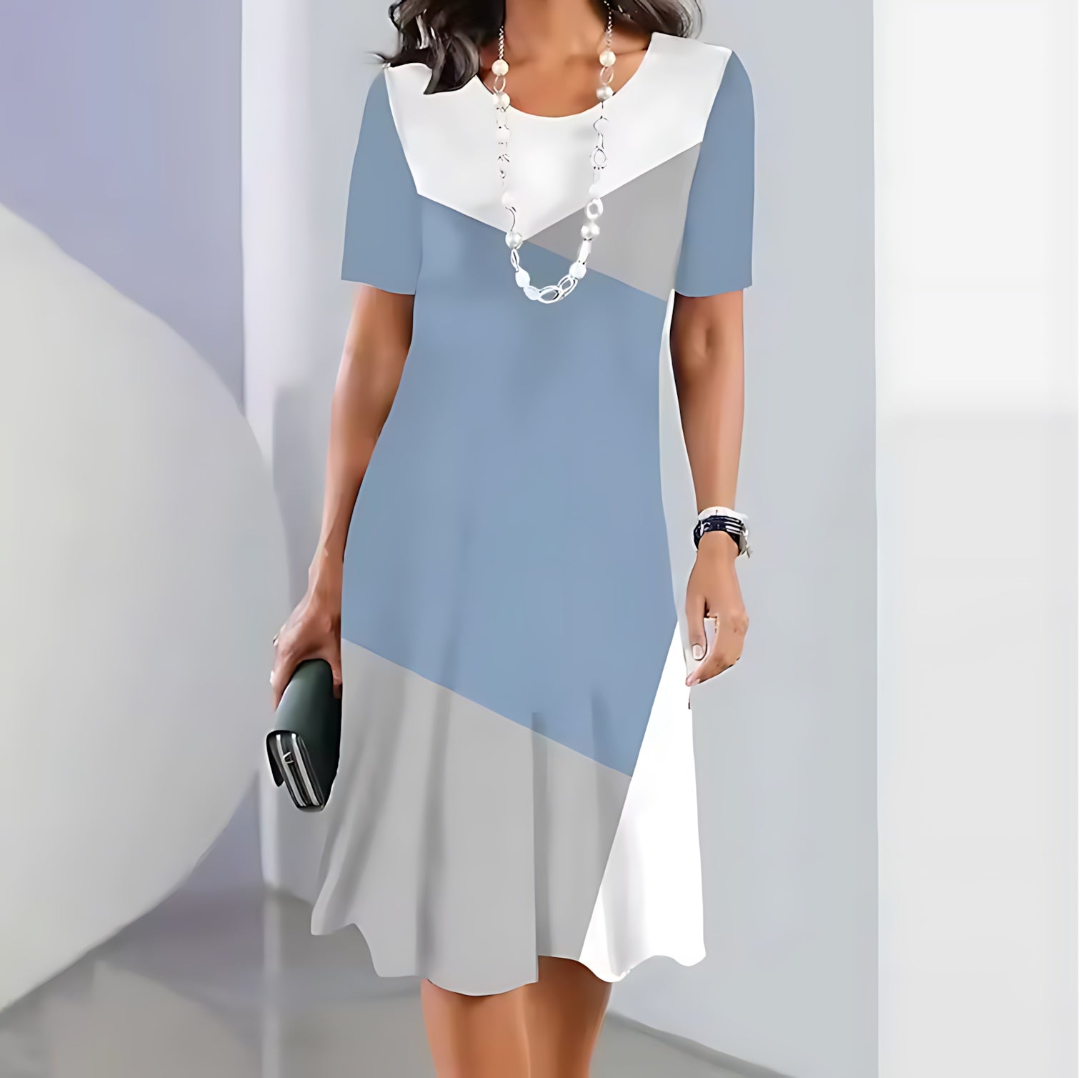 Sofia – Contrast Print Crew Neck A Line Midi Dress