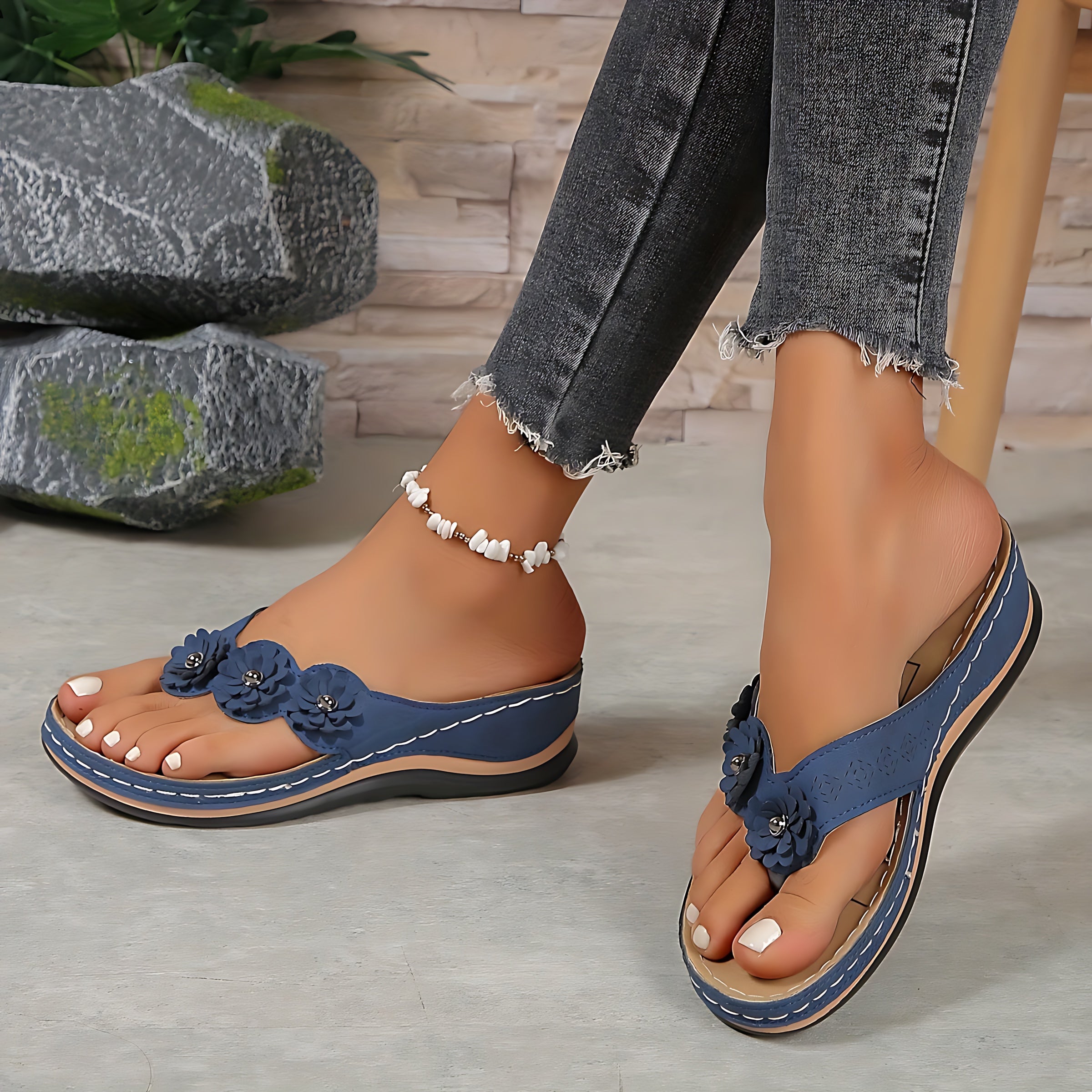 Sophie – Floral Thong Low Wedge Sandals