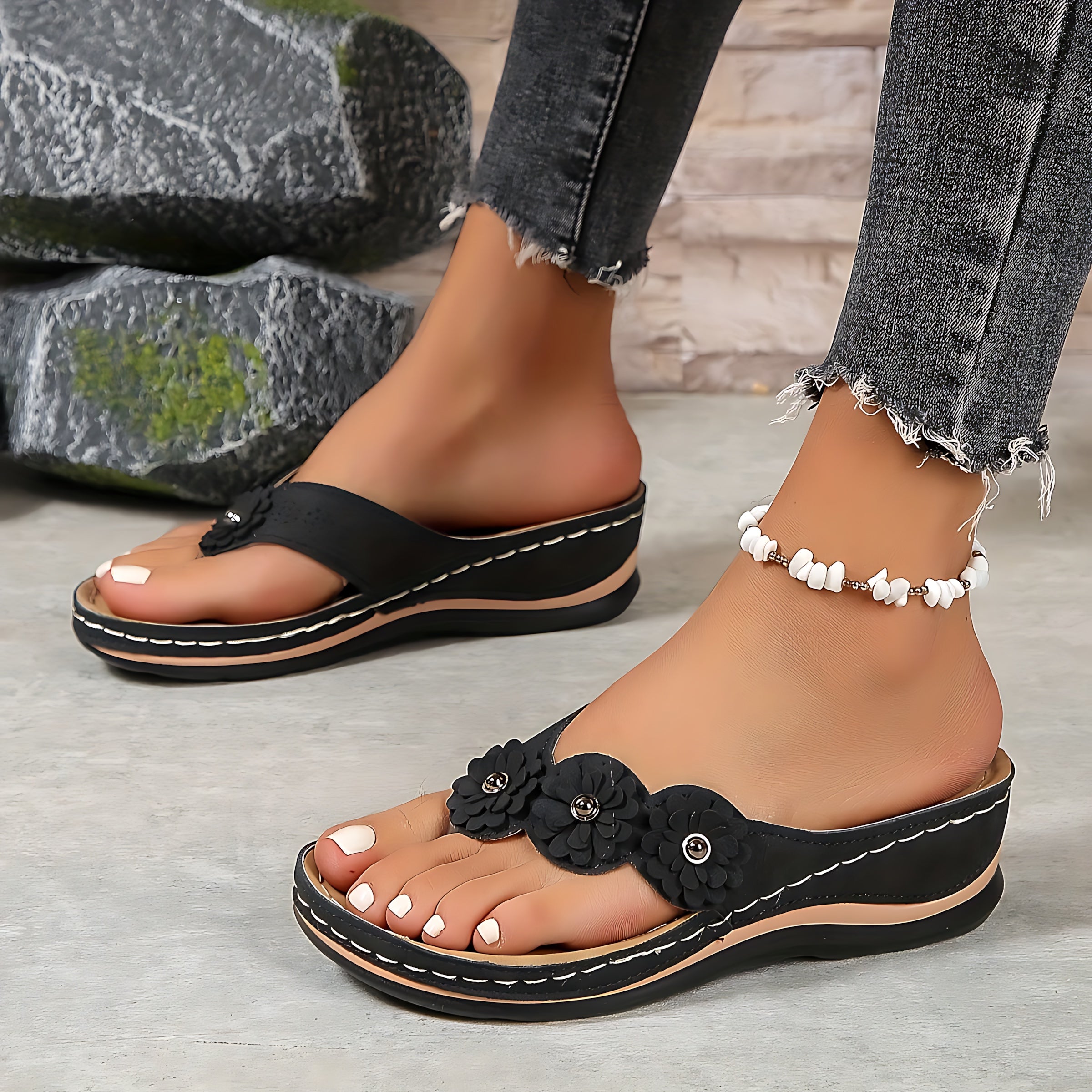 Sophie – Floral Thong Low Wedge Sandals