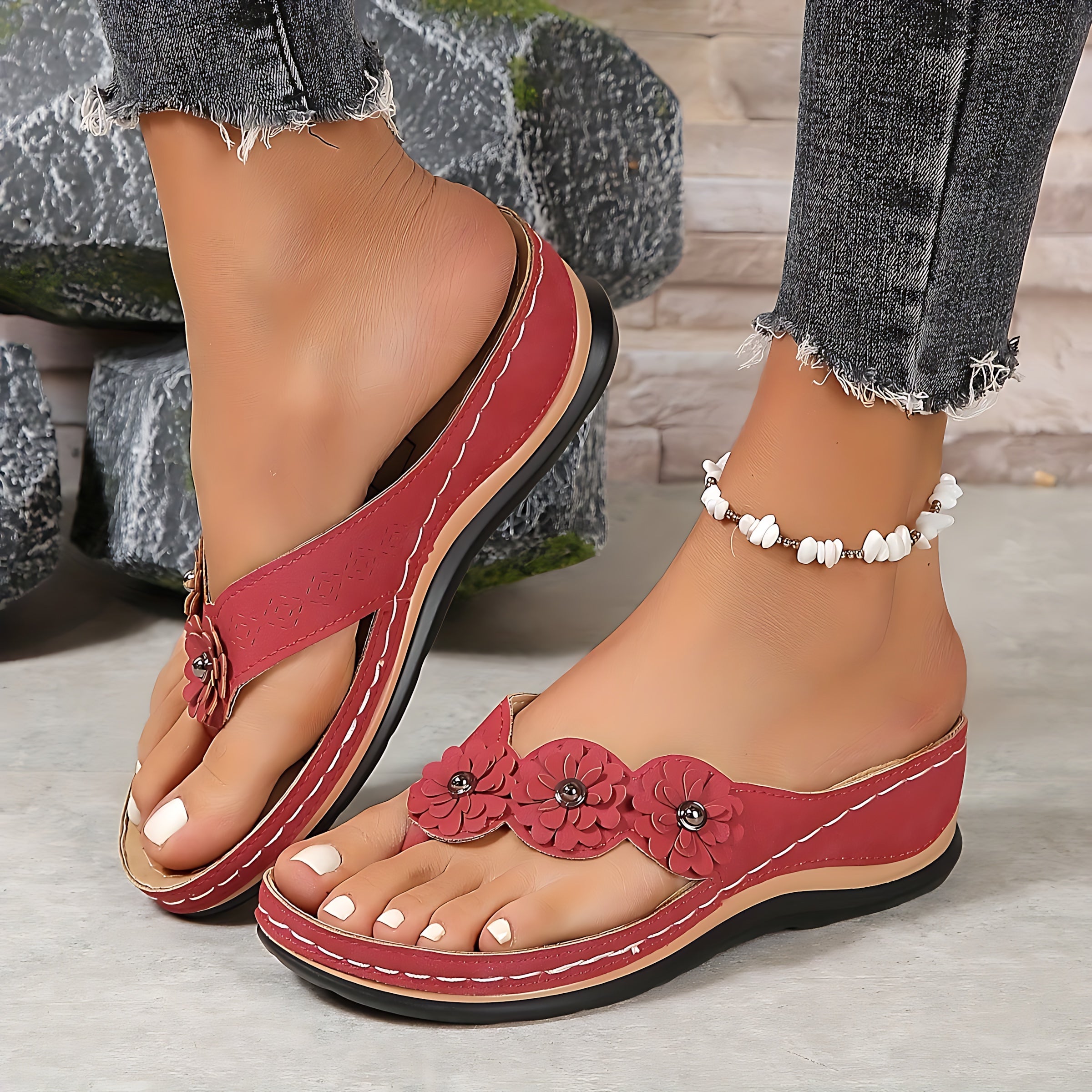 Sophie – Floral Thong Low Wedge Sandals