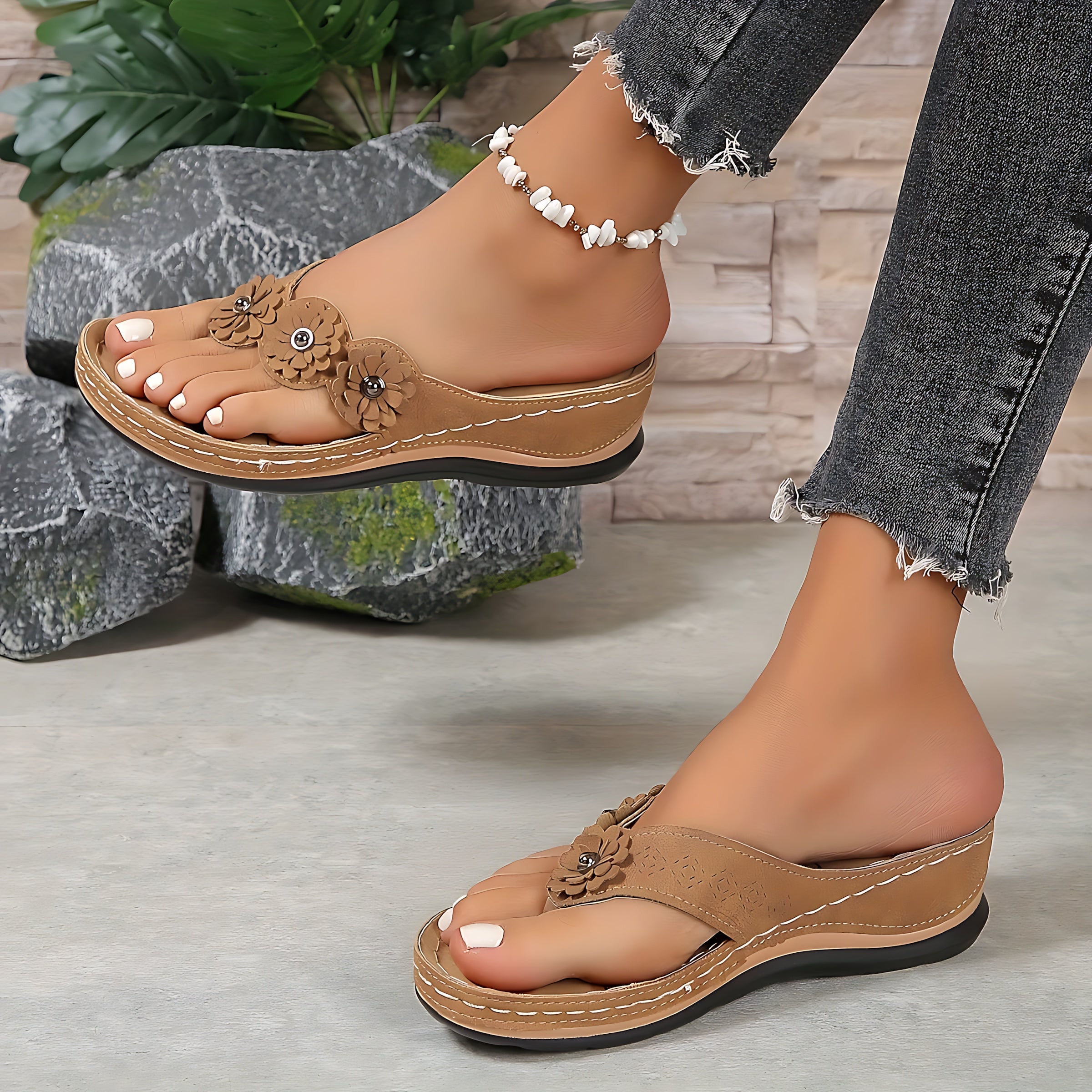 Sophie – Floral Thong Low Wedge Sandals