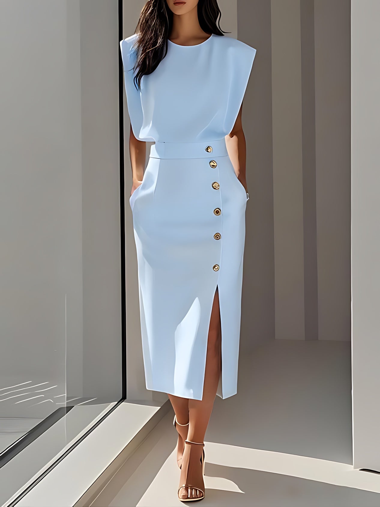 Sophie – Round Neck Bodycon Side Slit Midi Dress