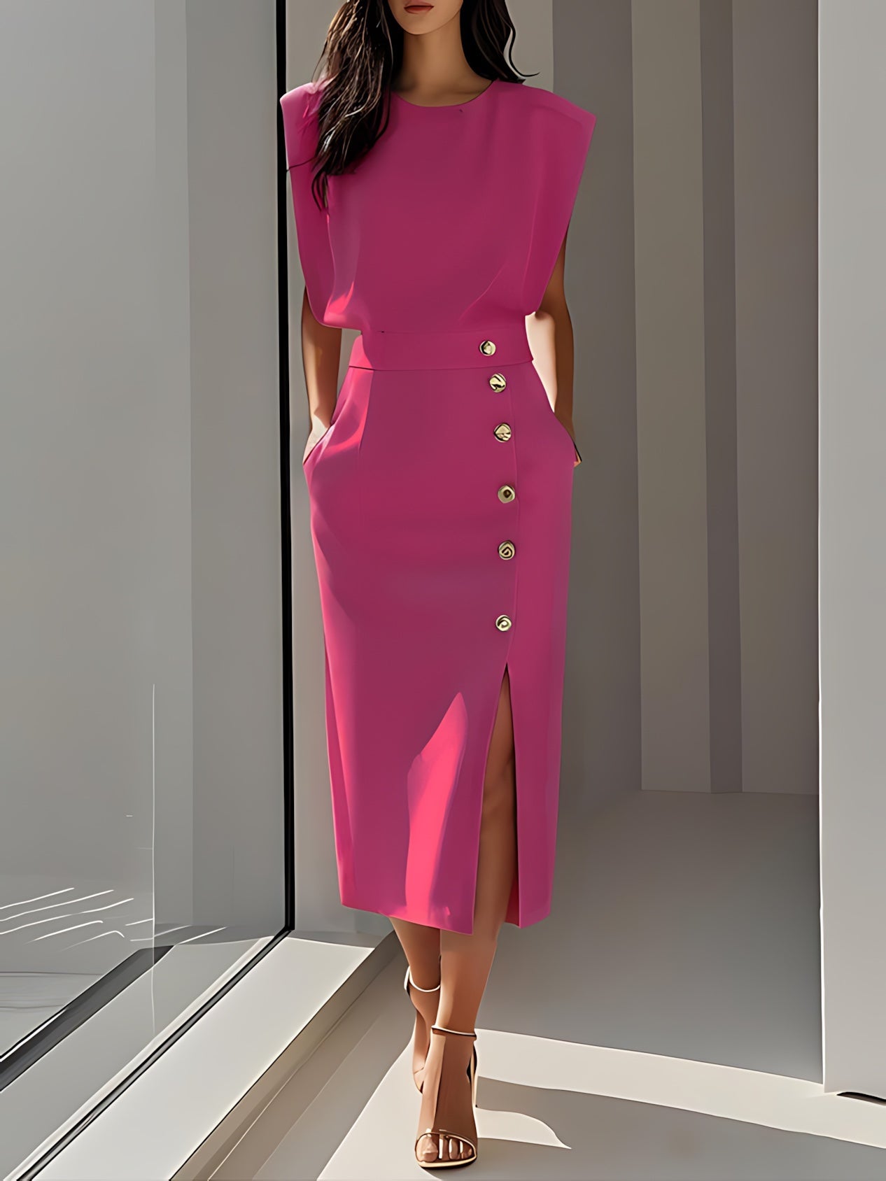 Sophie – Round Neck Bodycon Side Slit Midi Dress