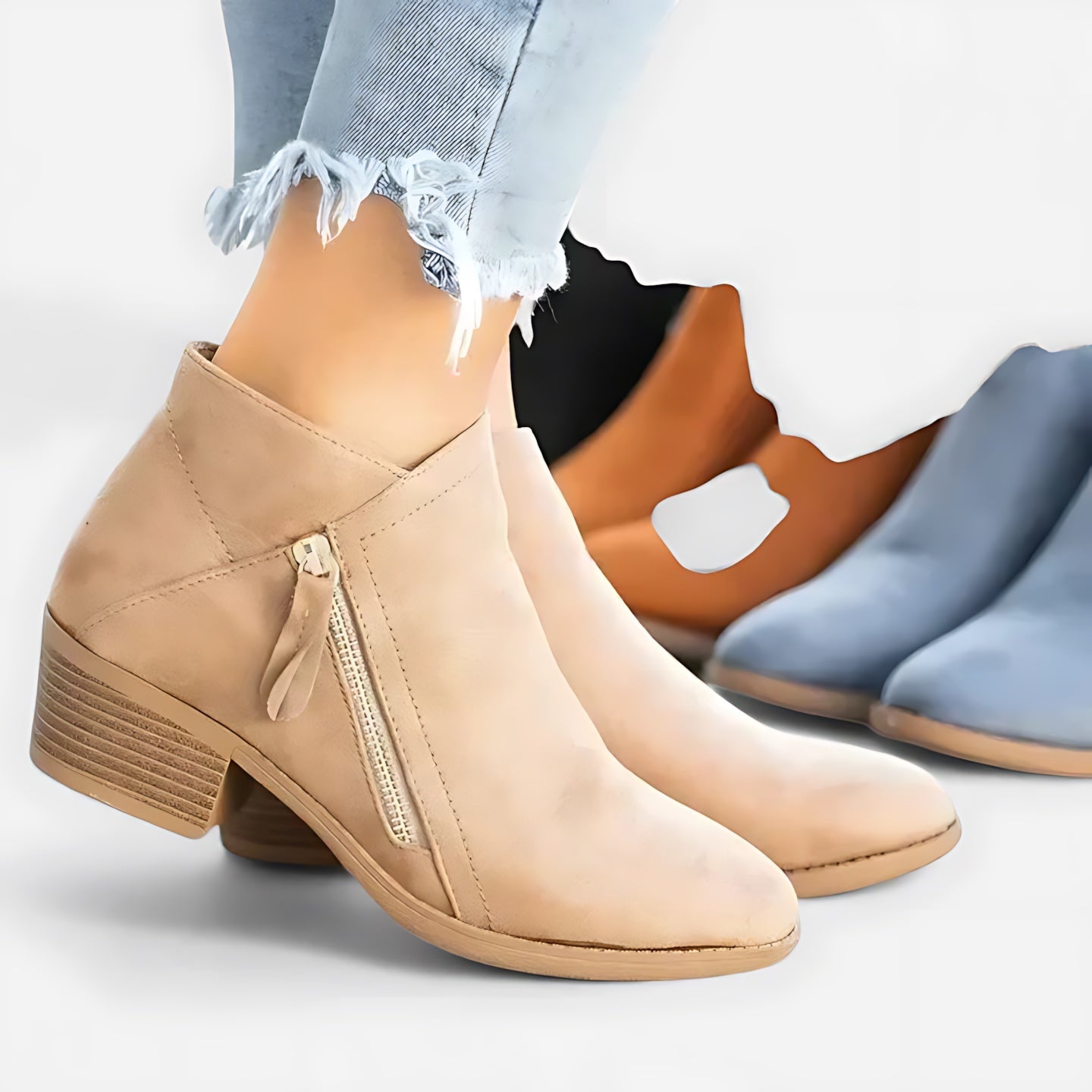 Sophie – Suede Block Heel Side Zip Ankle Boots