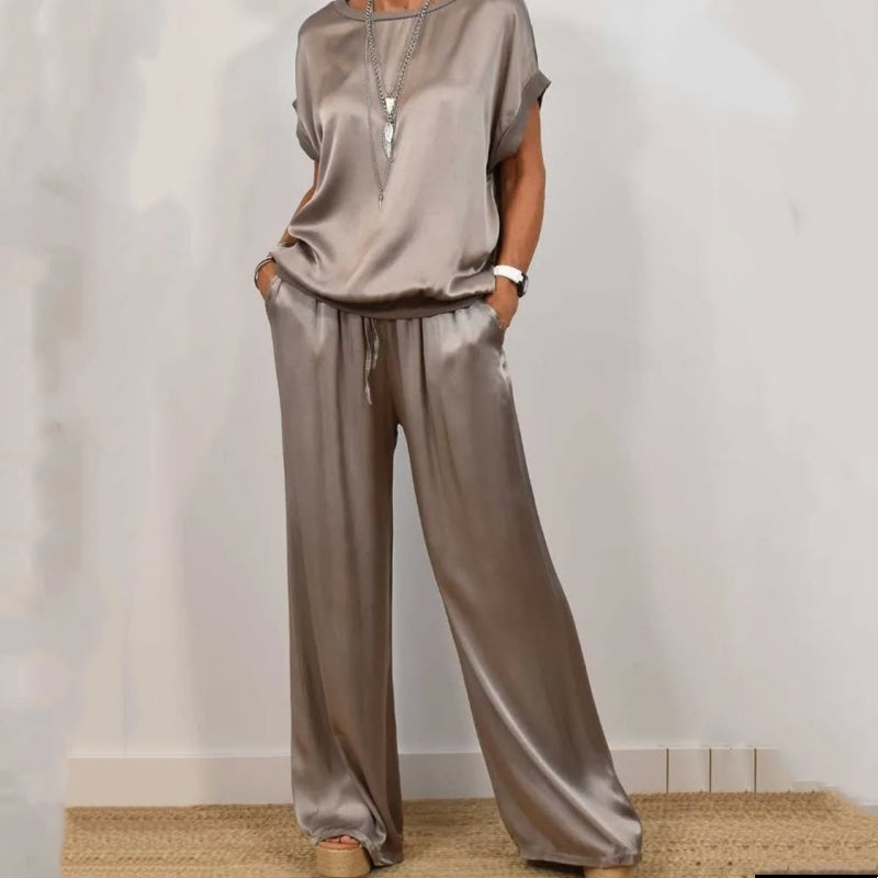 Lola – Satin Short Sleeve Top and Wide Leg Pants Set