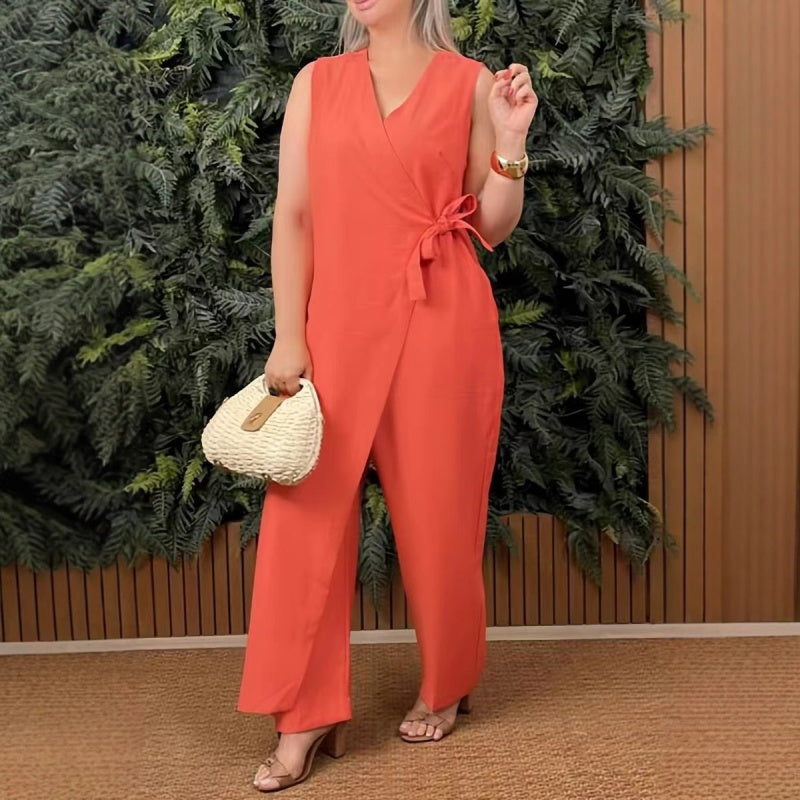 Reagen – Wrap V Neck Tie Waist Casual Jumpsuit