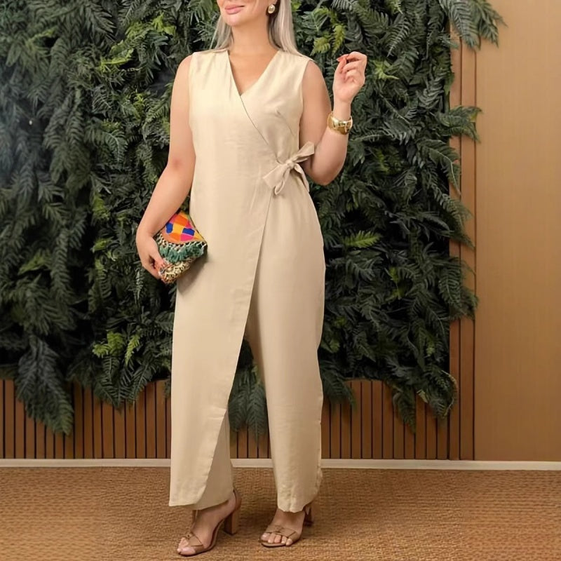 Reagen – Wrap V Neck Tie Waist Casual Jumpsuit