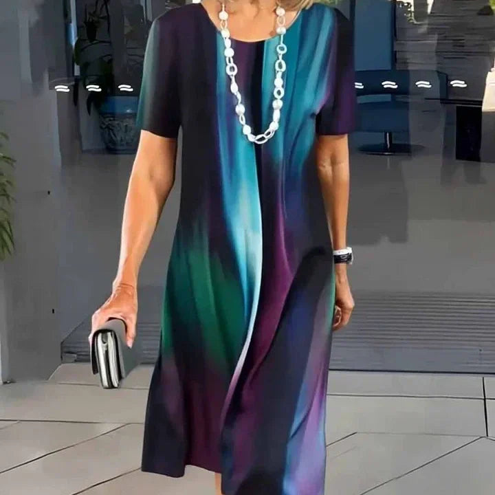 Sofia – Contrast Print Crew Neck A Line Midi Dress