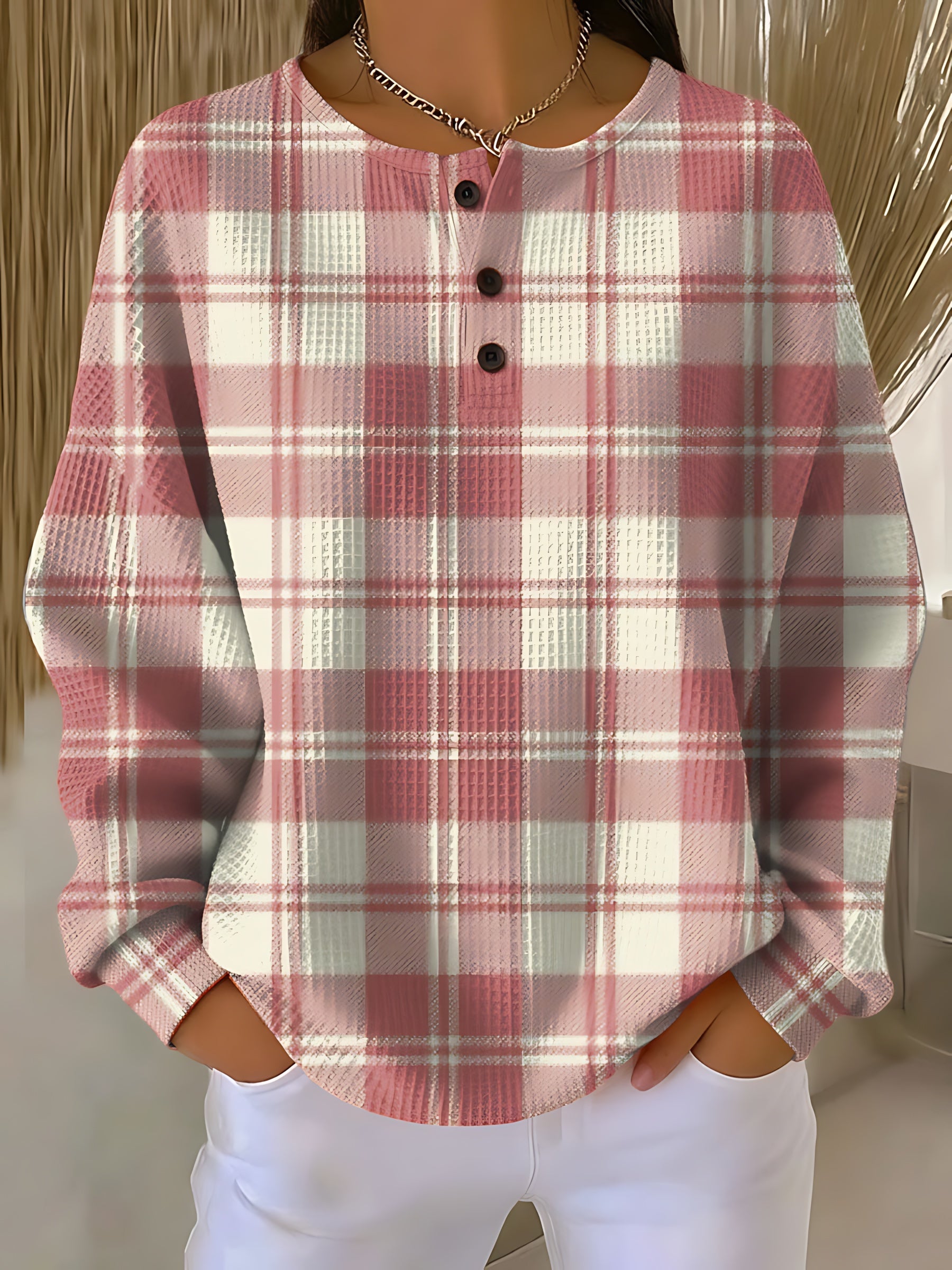 Stella – Plaid Print Henley Knit Top