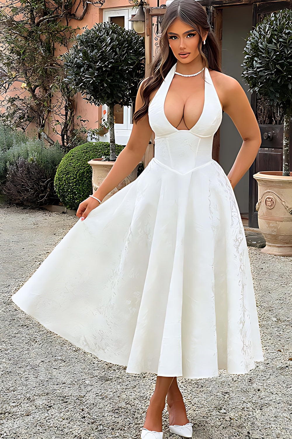 Talia – Jacquard Halter Wedding Guest Midi Dress