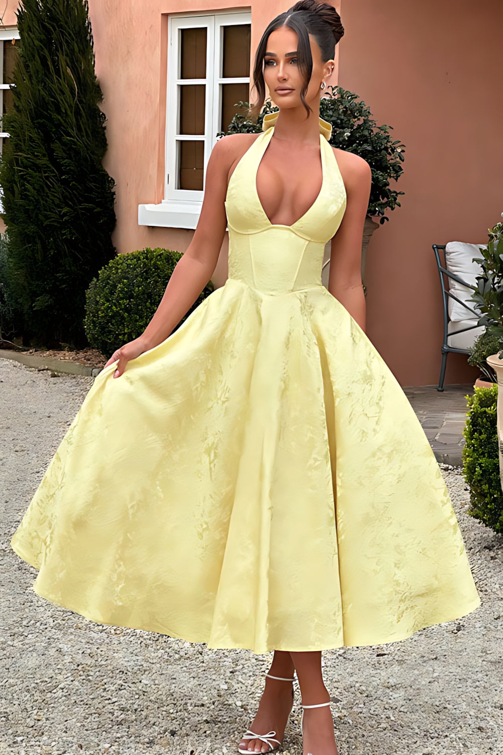 Talia – Jacquard Halter Wedding Guest Midi Dress