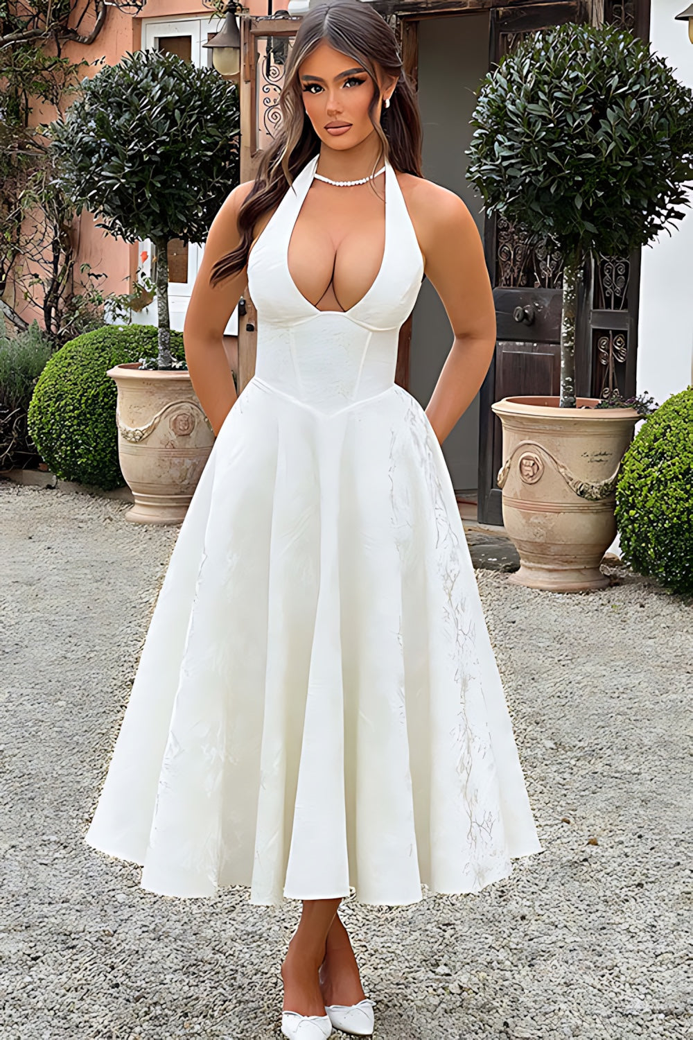 Talia – Jacquard Halter Wedding Guest Midi Dress