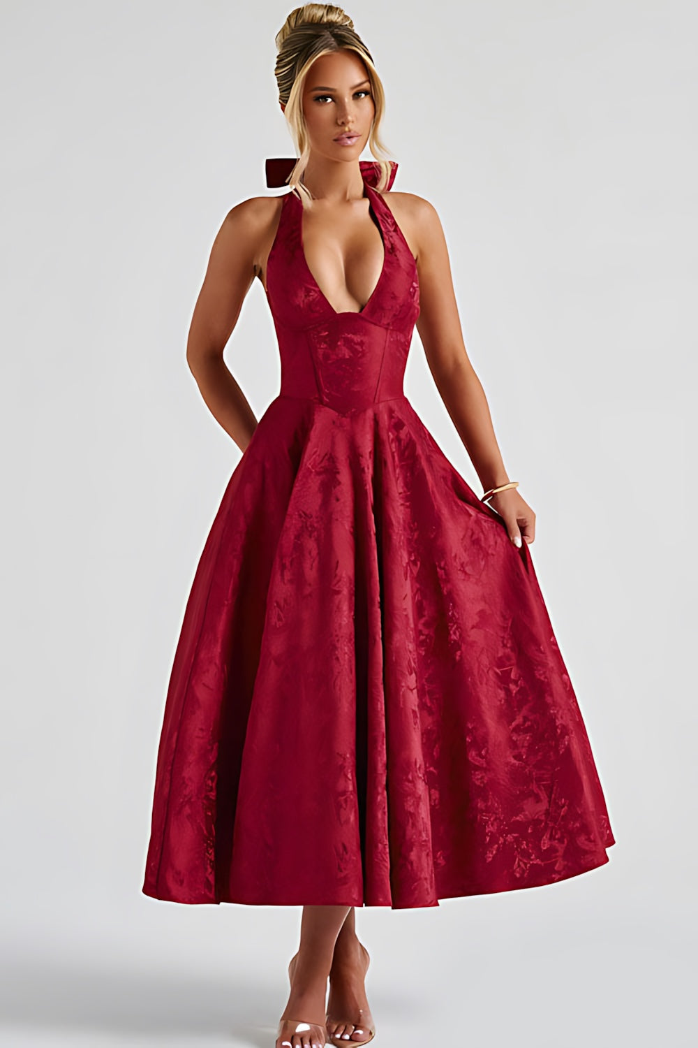 Talia – Jacquard Halter Wedding Guest Midi Dress