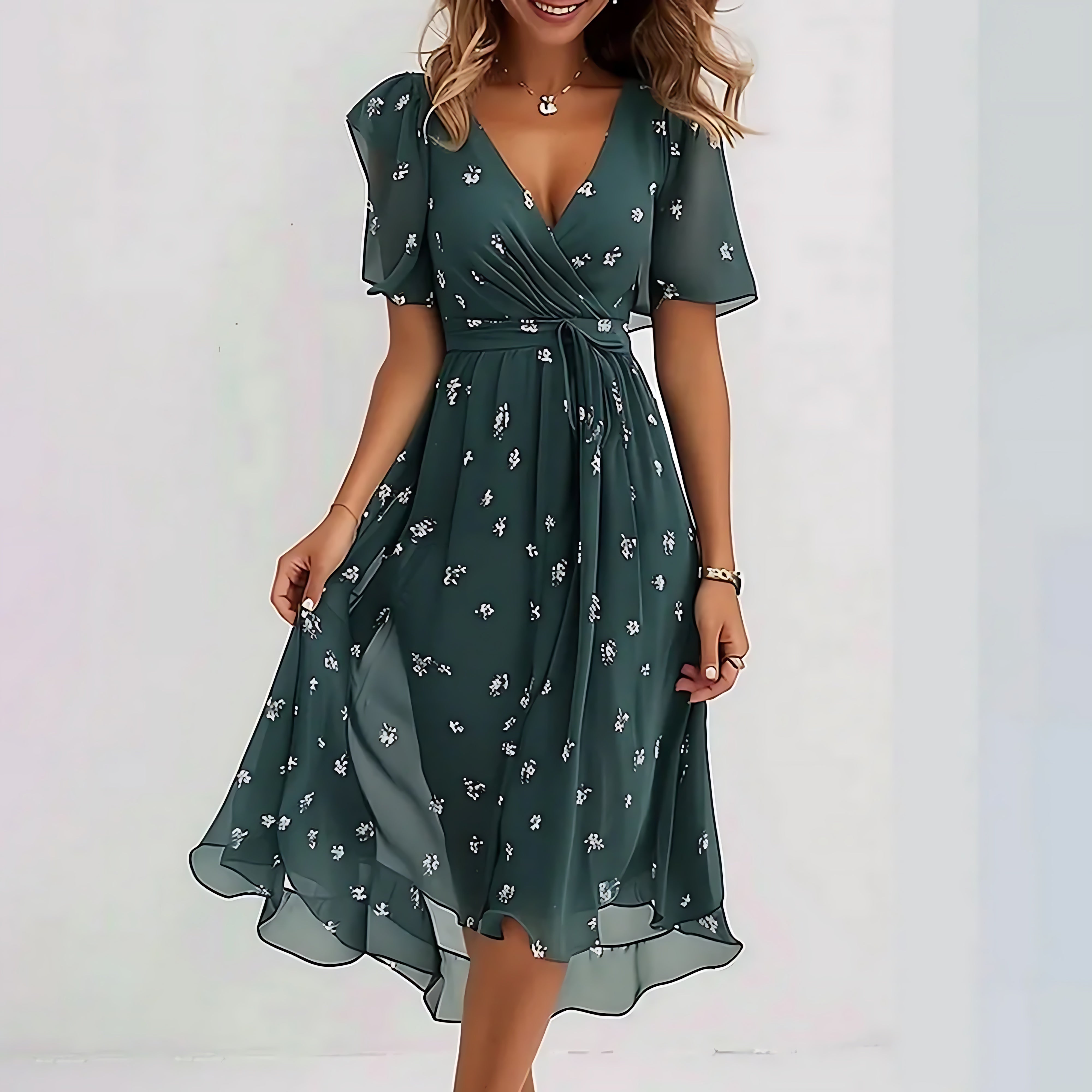 Talia – Polka Dot Ruffle V Neck Summer Midi Dress