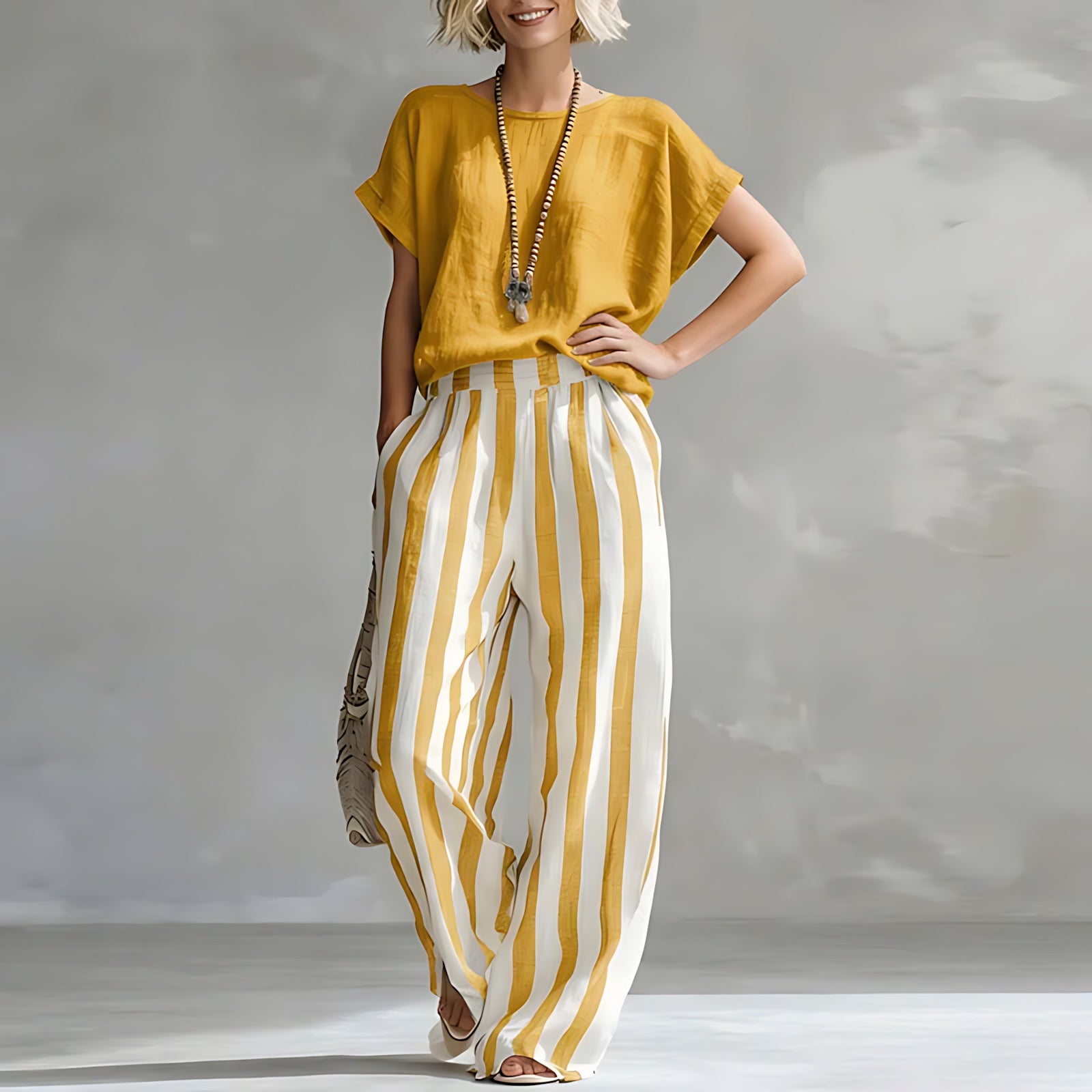 Tessa – Twist Front Top and Striped Wide Leg Pants Set