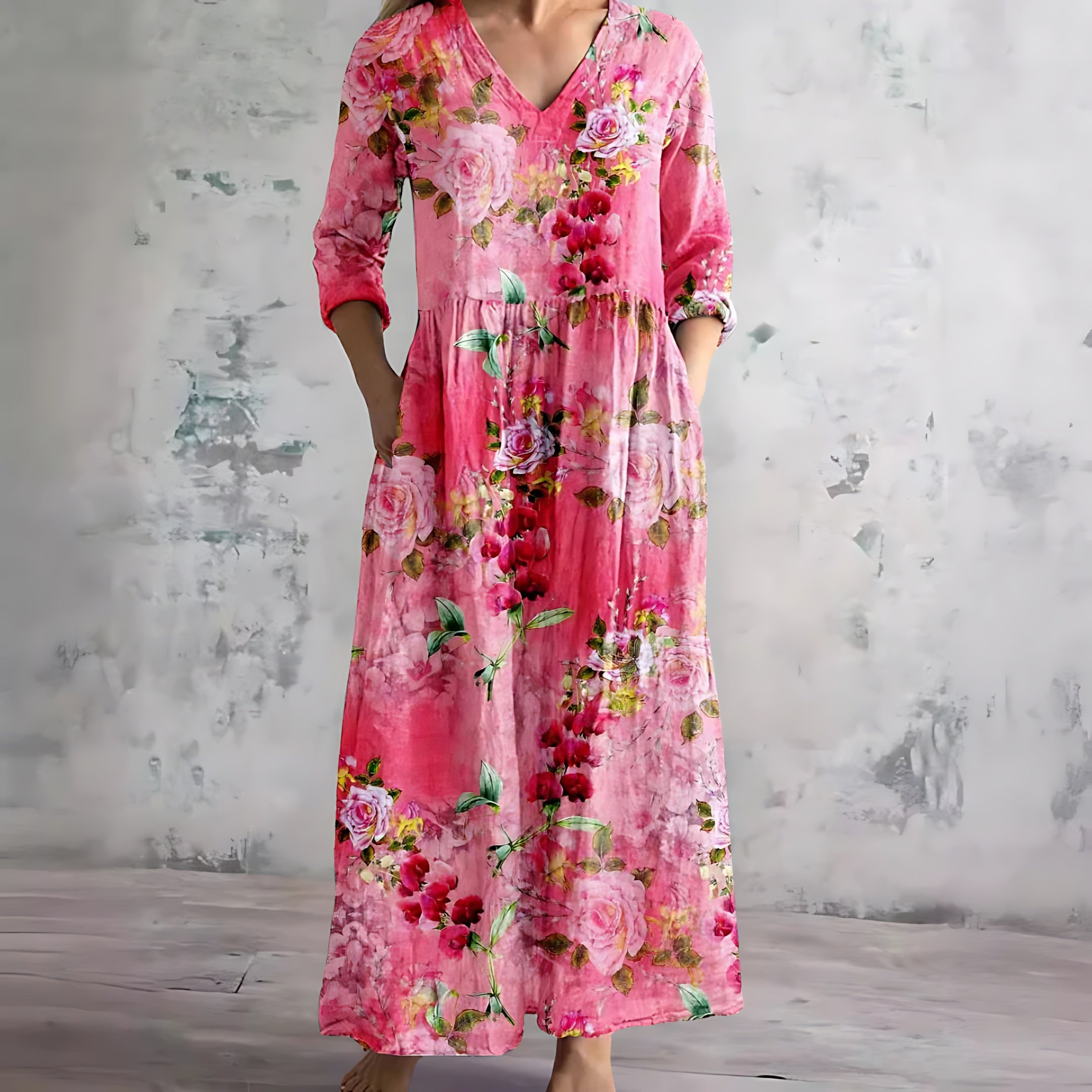Thea – Floral Print V Neck Maxi Dress