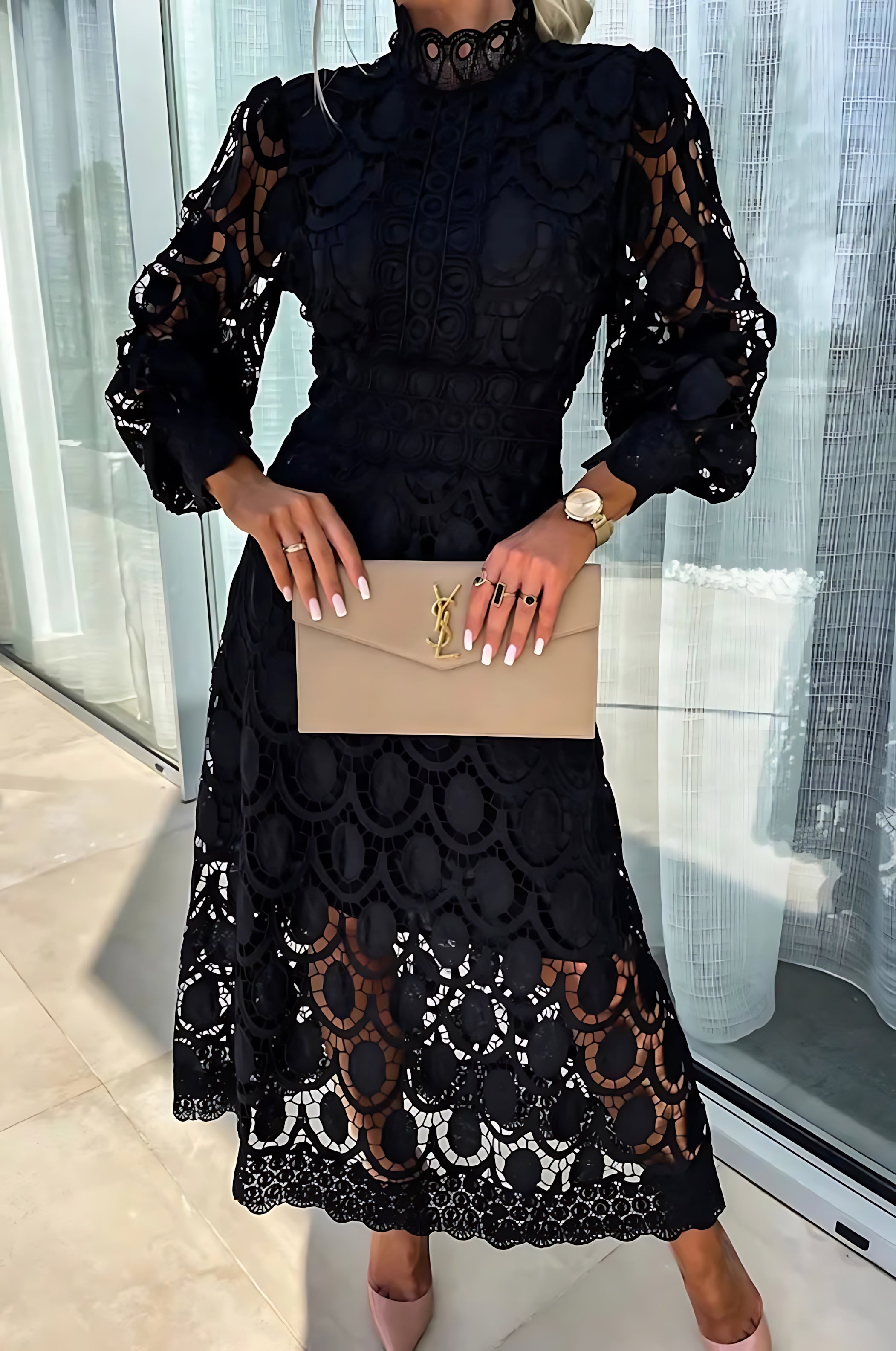 Thea – Lace Long Sleeve Cocktail Midi Dress