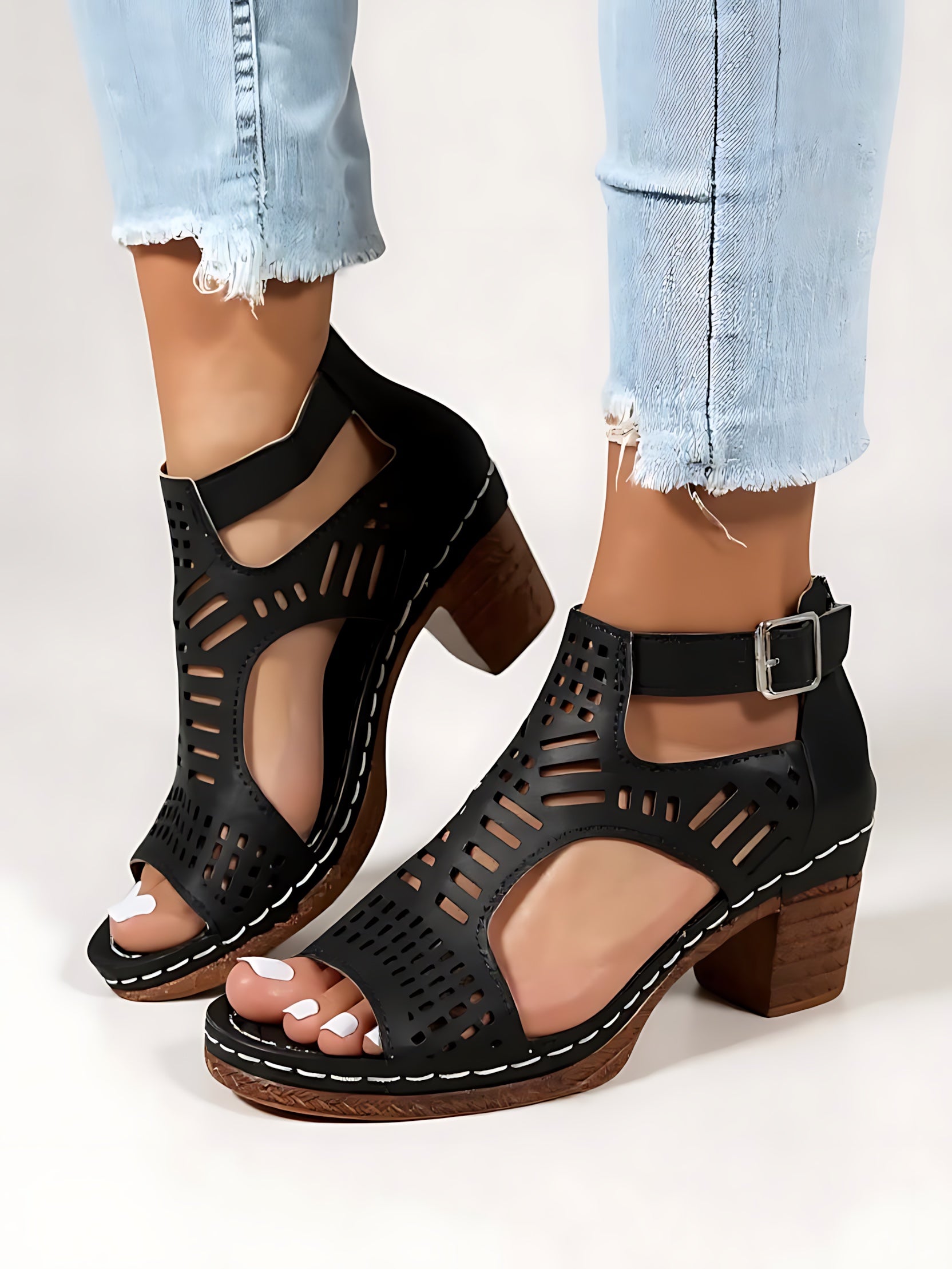 Thea – Perforated Peep Toe Block Heel Sandals