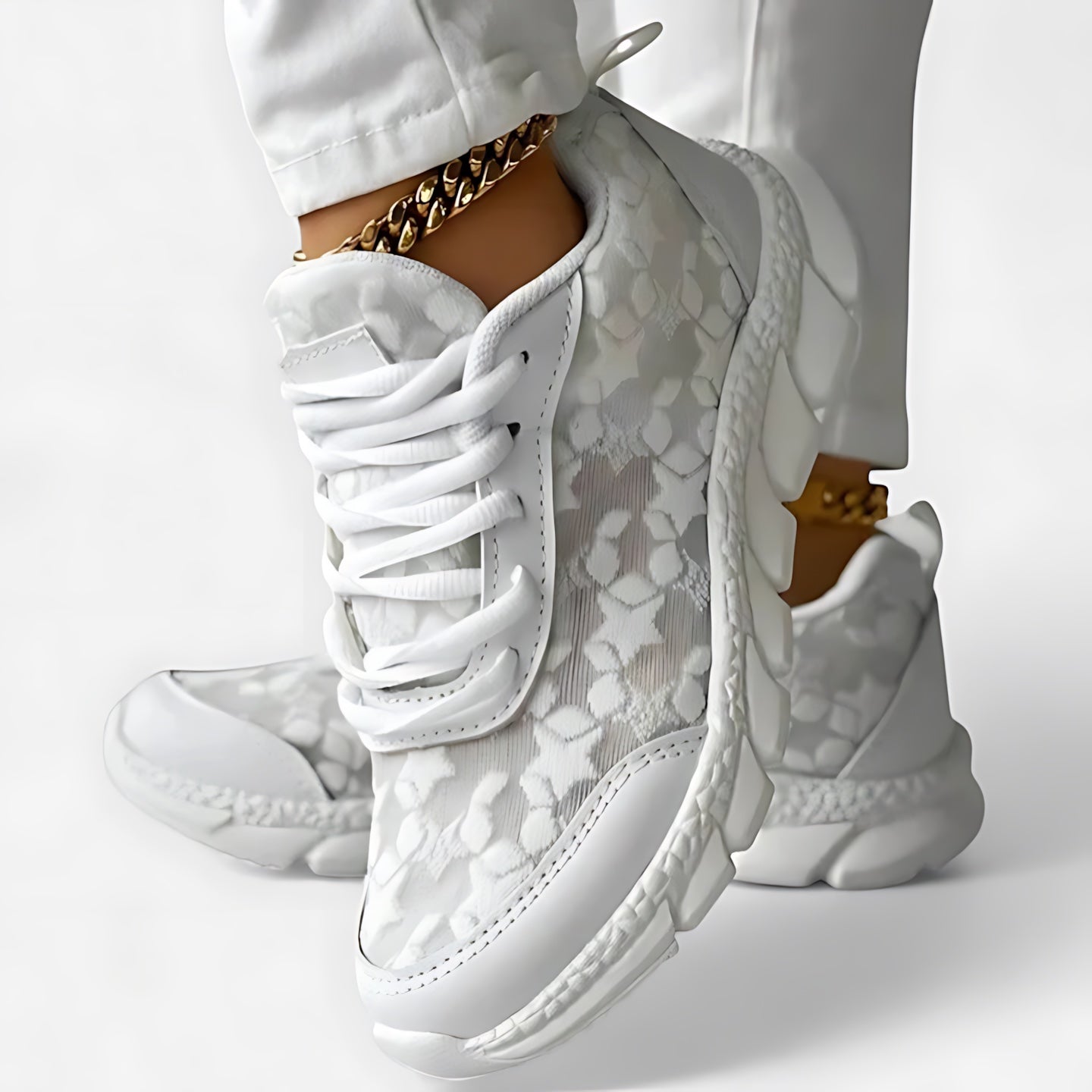 Valerie – Floral Lace Panel Lace Up Sneakers