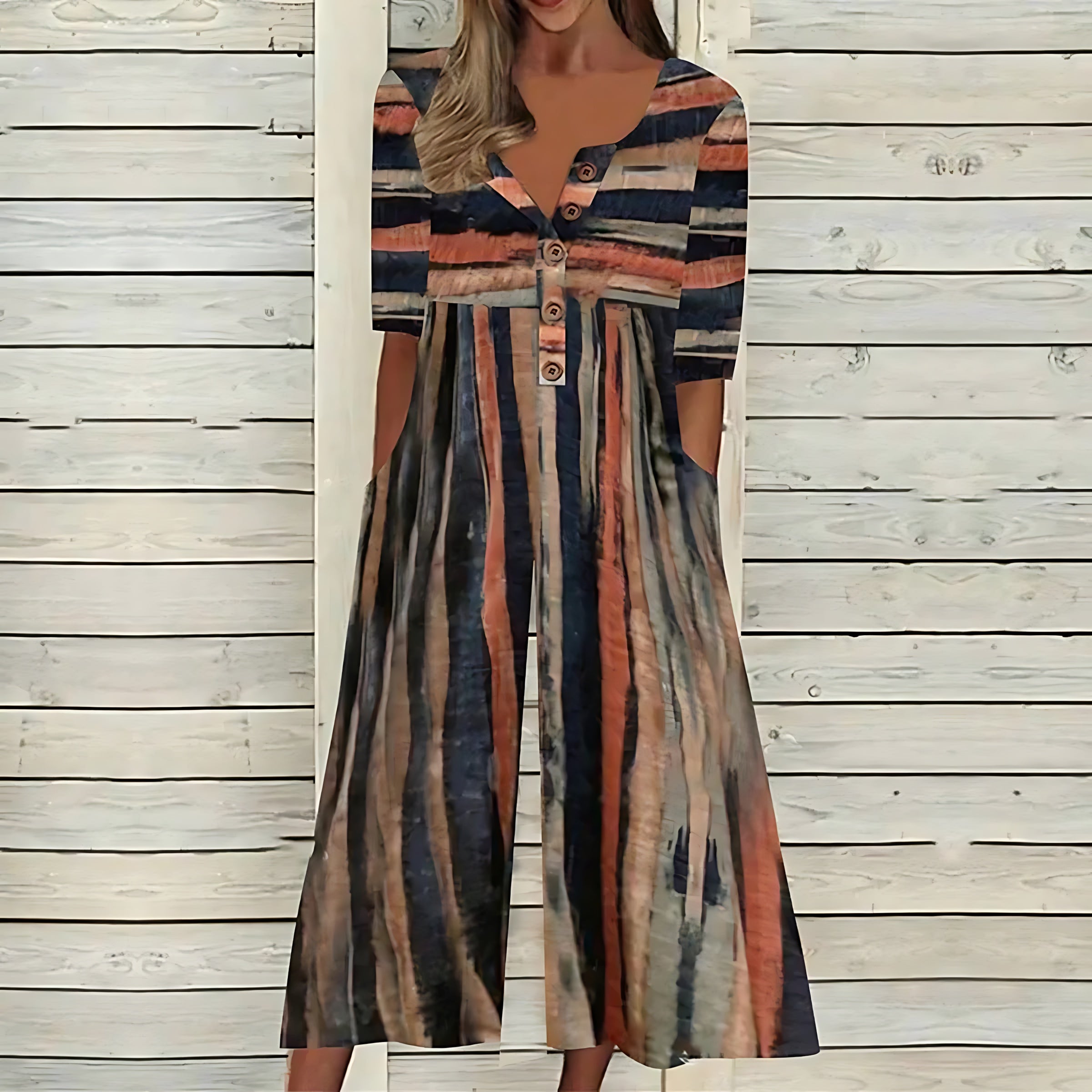 Valerie – Leaf Print V Neck Short Sleeve Wide Leg Jumpsuit