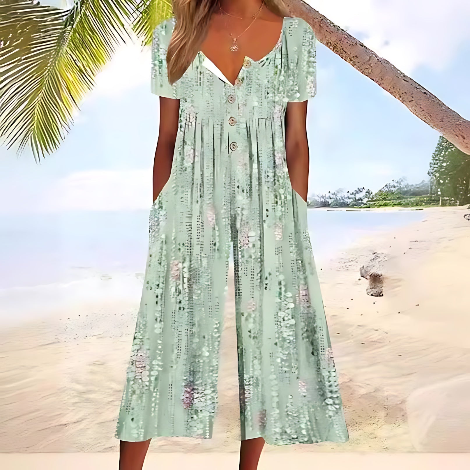 Valerie – Leaf Print V Neck Short Sleeve Wide Leg Jumpsuit
