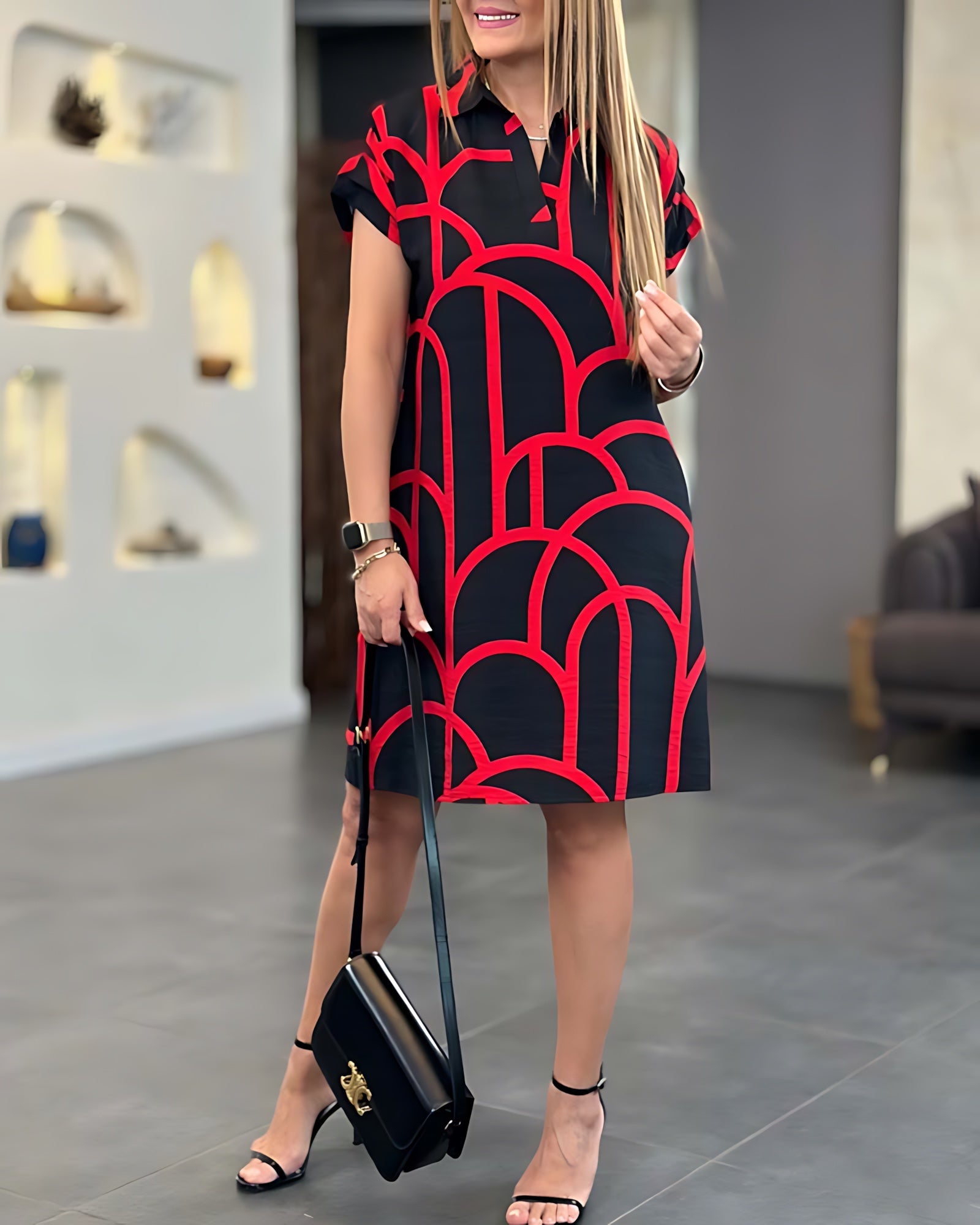 Veronica – Geometric Print Flutter Sleeve Midi Dress
