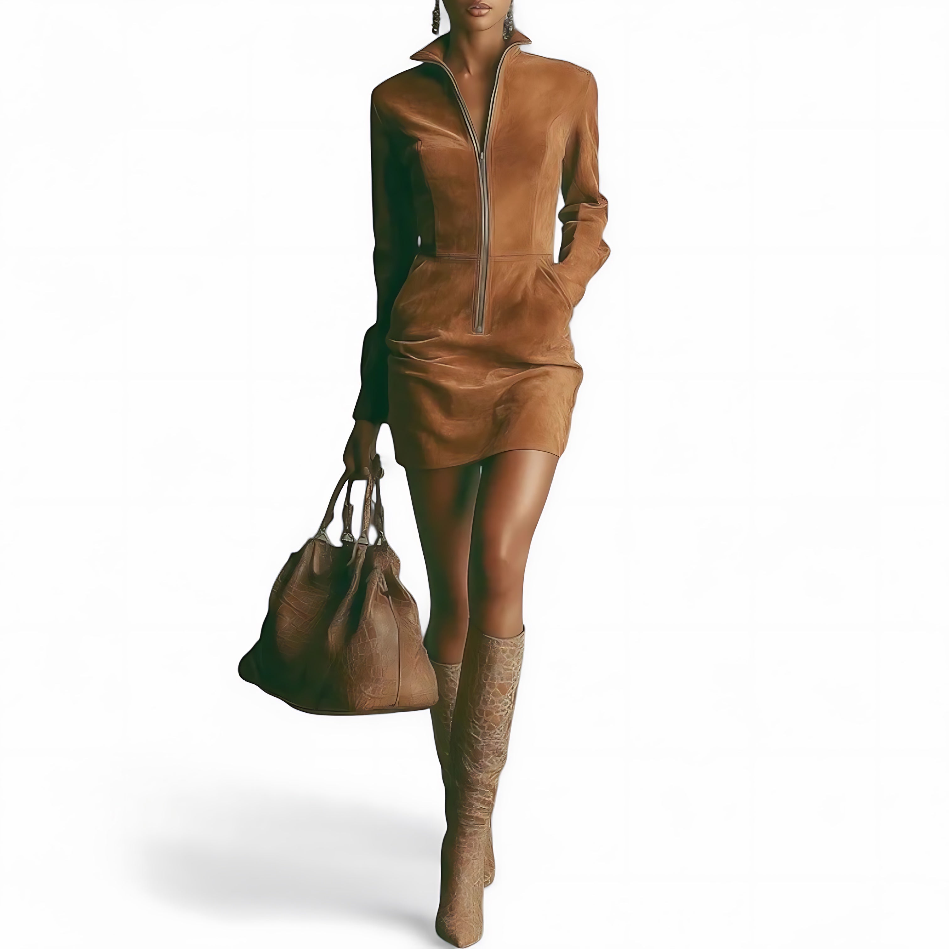 Veronica – Suede High Neck Long Sleeve Mini Dress