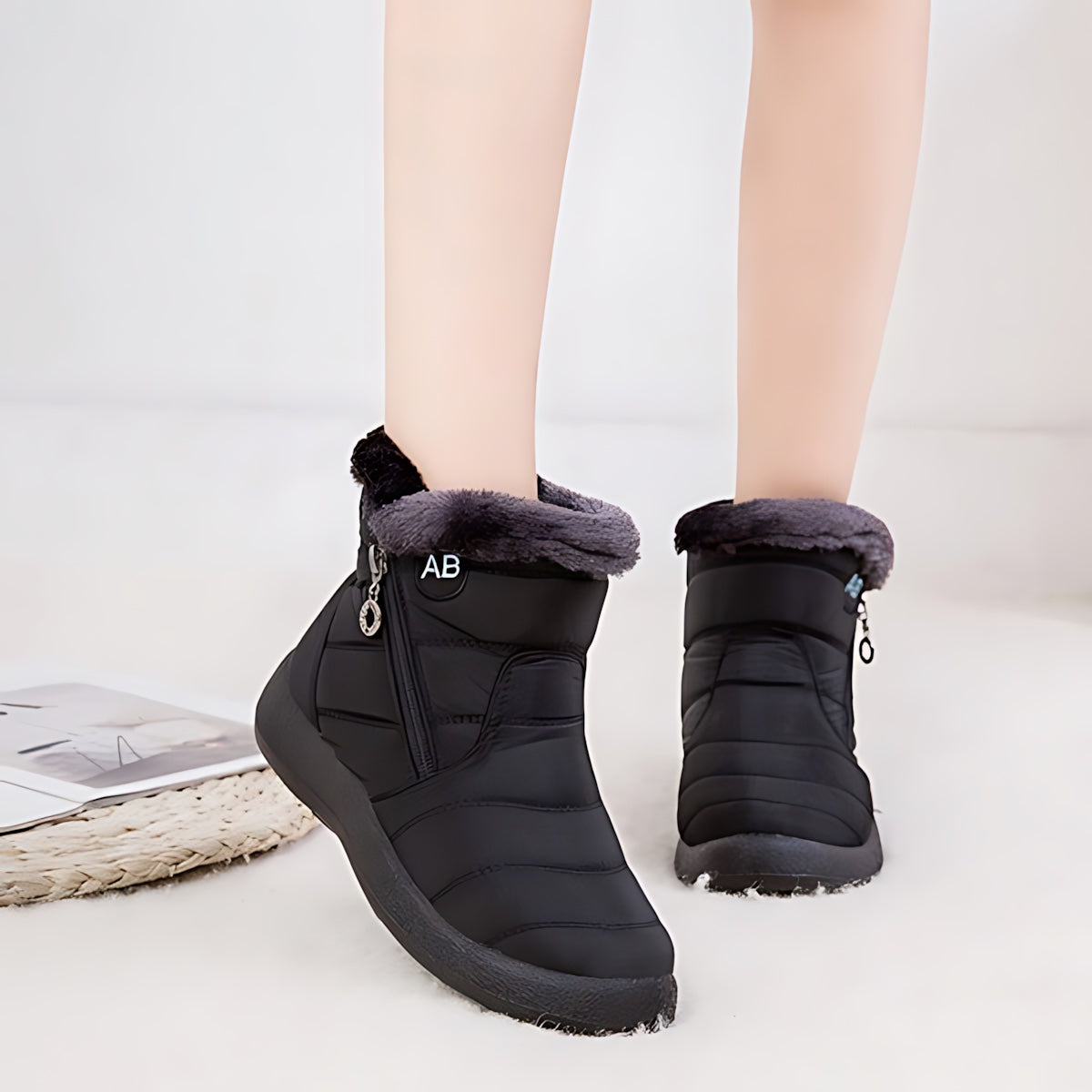 Victoria – Quilted Faux Fur Trim Ankle Snow Boots