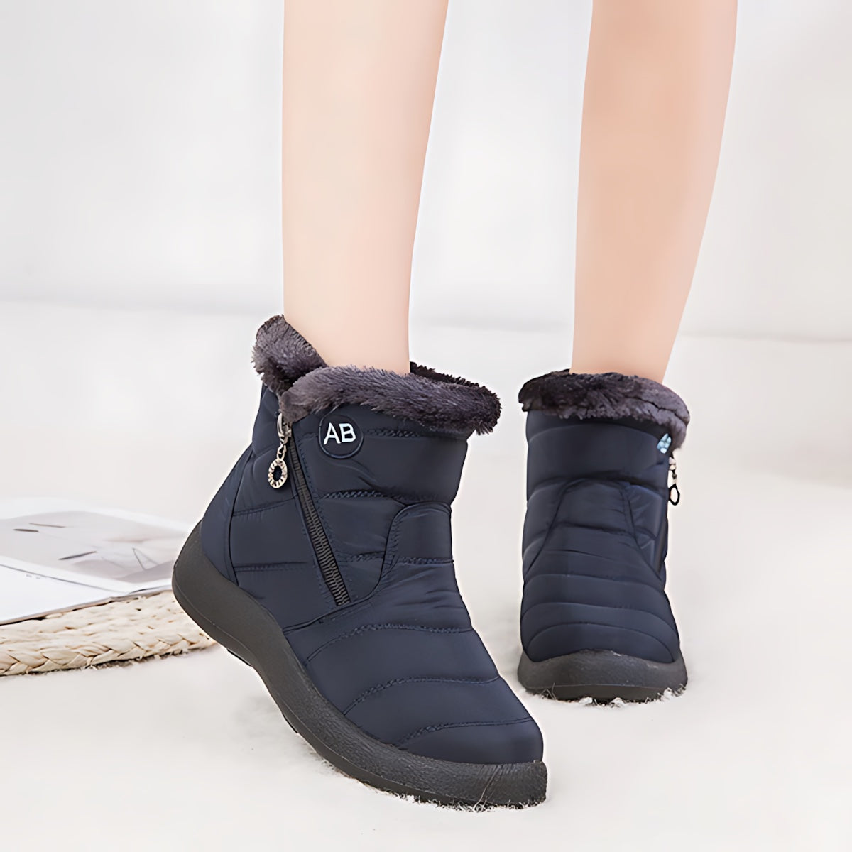 Victoria – Quilted Faux Fur Trim Ankle Snow Boots