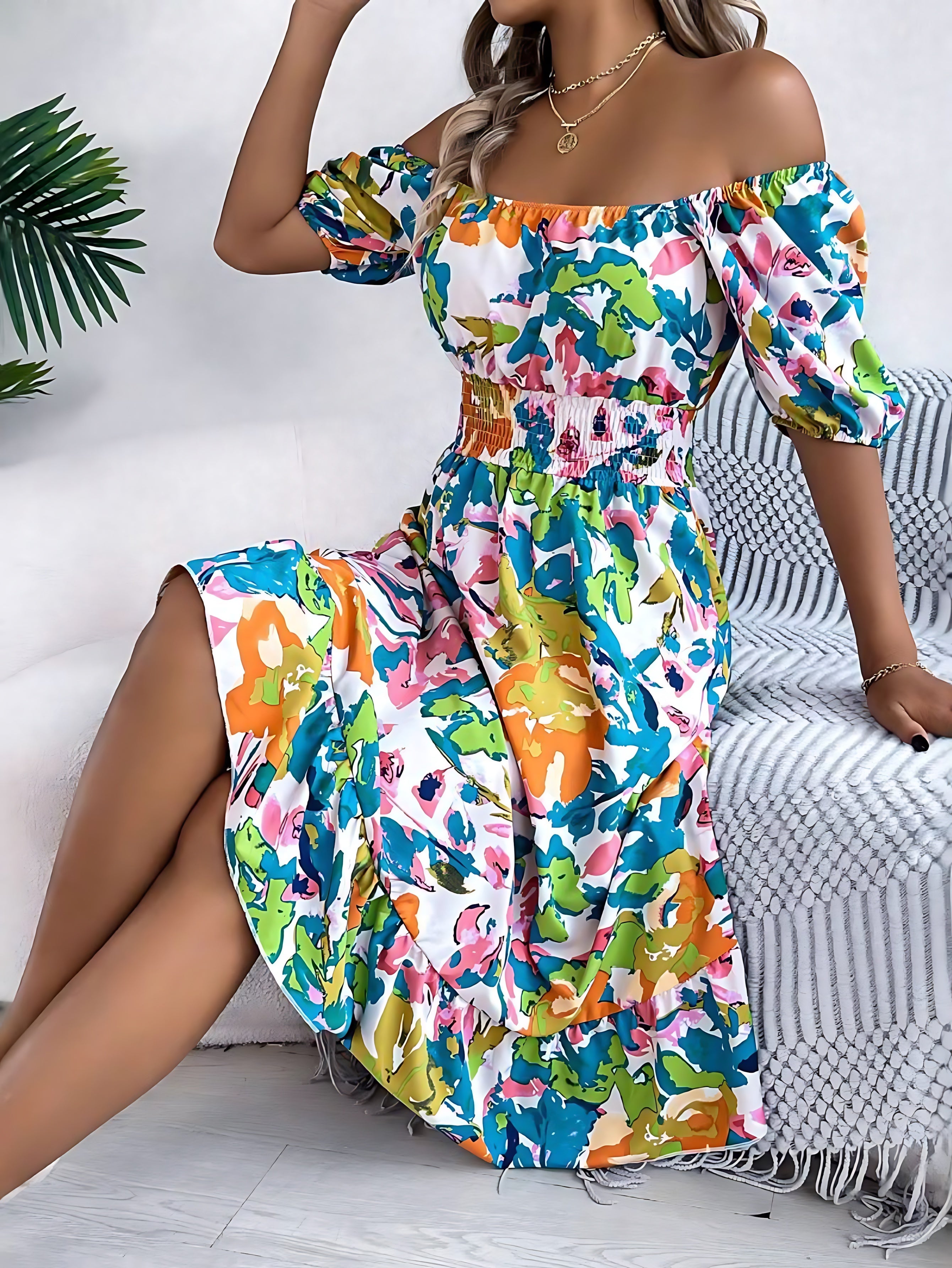 Violet – Floral Puff Sleeve Ruffle Wrap Mini Dress
