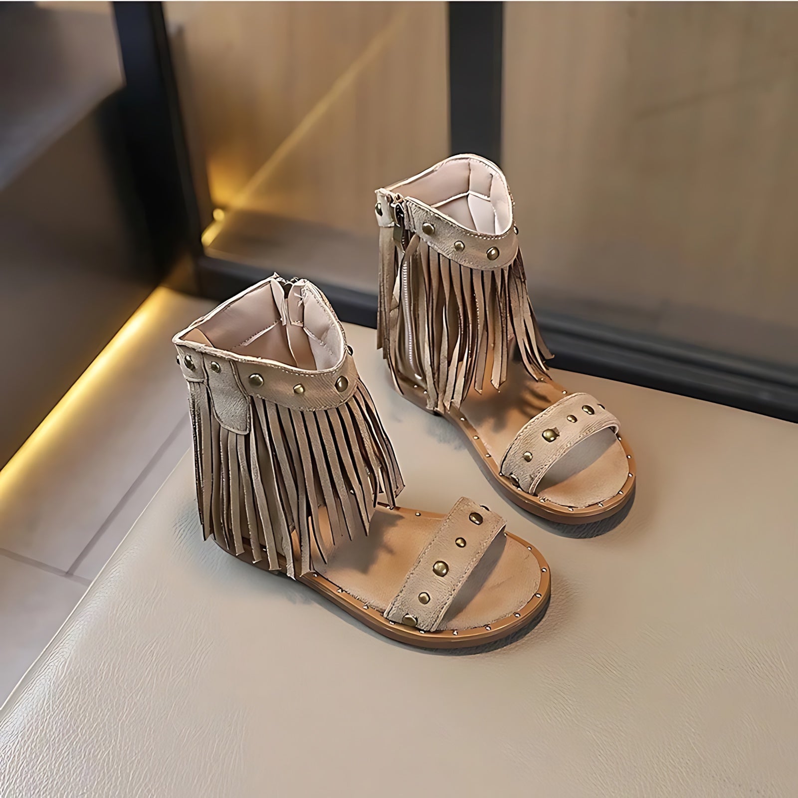 Violet – Fringe Studded Block Heel Sandals