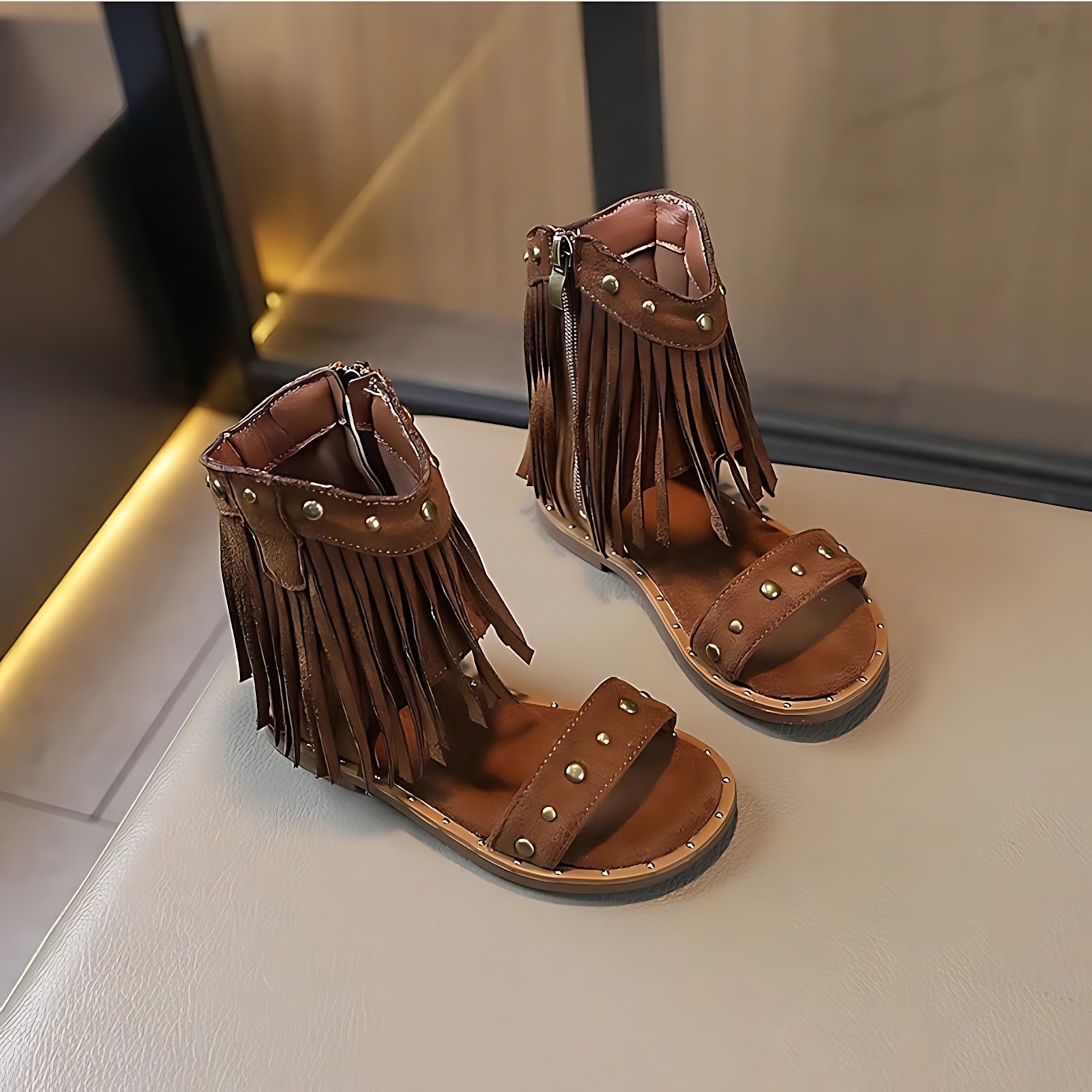 Violet – Fringe Studded Block Heel Sandals