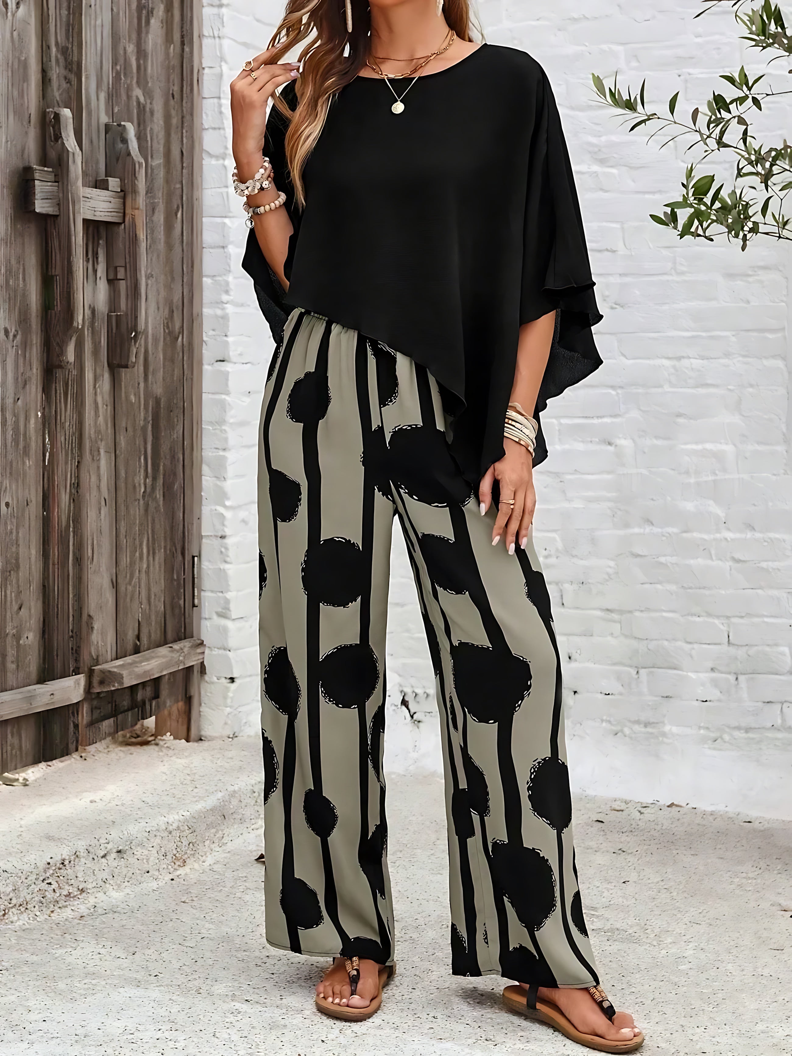 Vivian – Batwing Top and Printed Wide Leg Pants Set