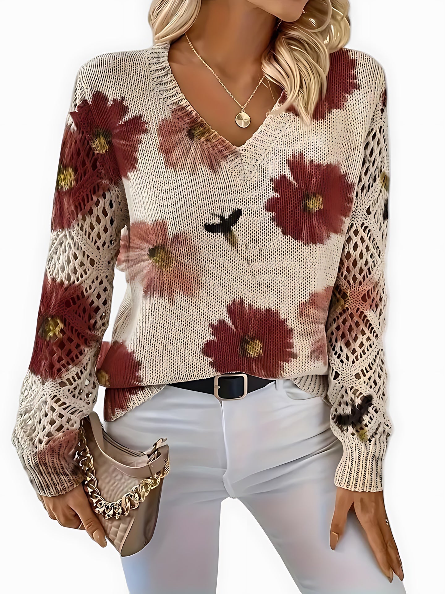 Willow – Floral Print V Neck Knit Sweater