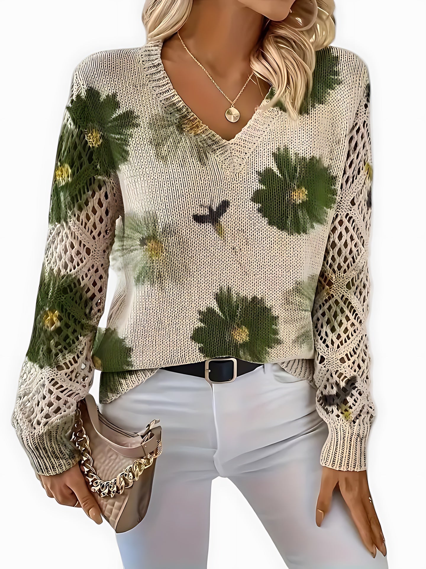 Willow – Floral Print V Neck Knit Sweater